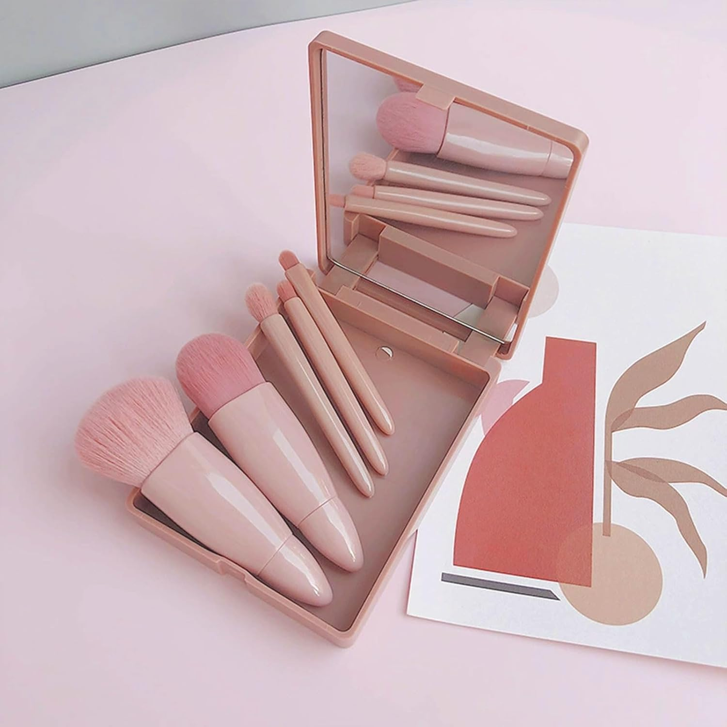 Xolixorium Easy-Taken Travel Makeup Brush Set 5Pcs Mini Complete Function Cosmetic Brushes with Mirror Portable Travel Makeup Brushes Travel Size Makeup Kit image number 1