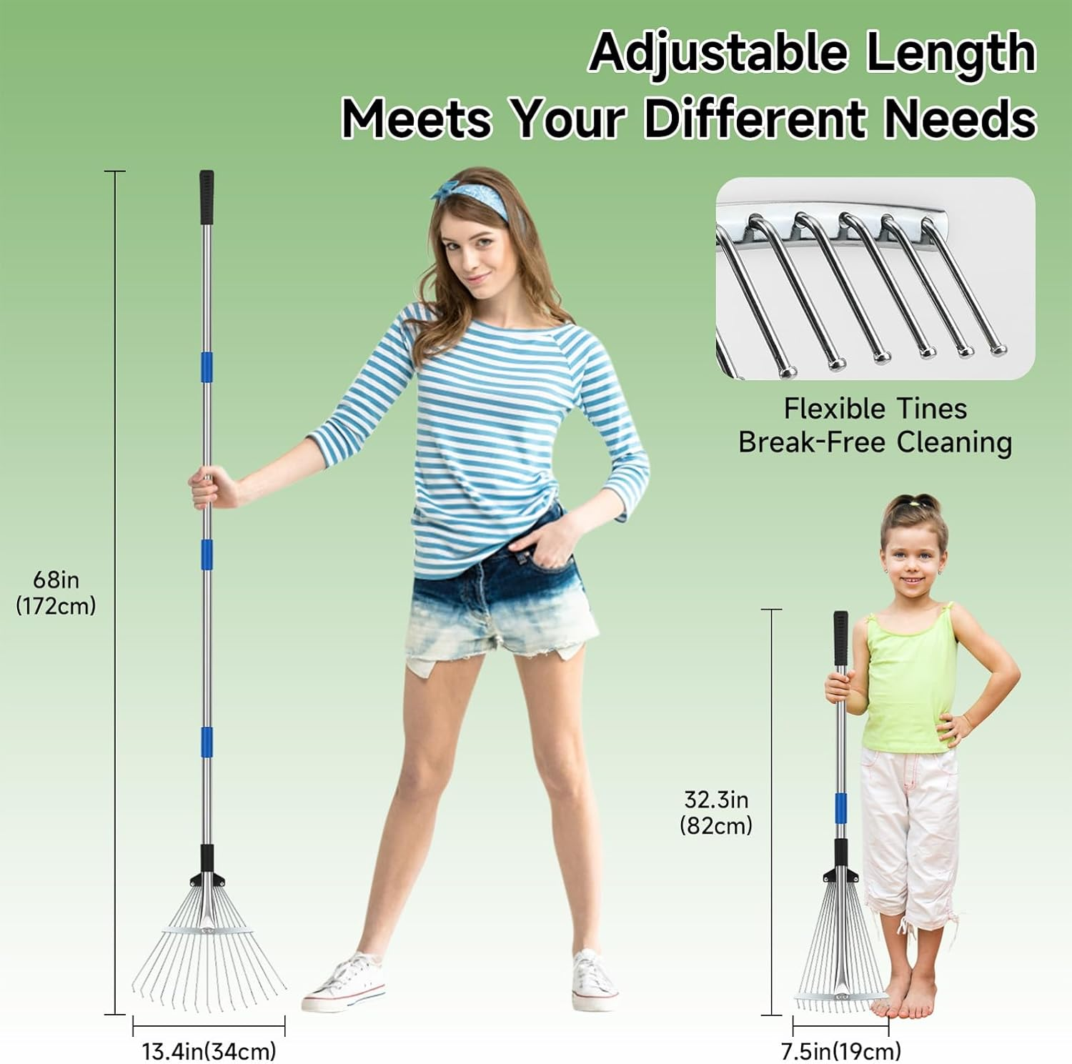 KOMCLUB Metal Rake 68&rdquo; ,Garden Expandable Leaf Rake with Adjustable Handle, Adjustable Head, Thatch Rake Leaf Collector, Rakes for Garden Lawn Yard Flower Bed Cleaning image number 2