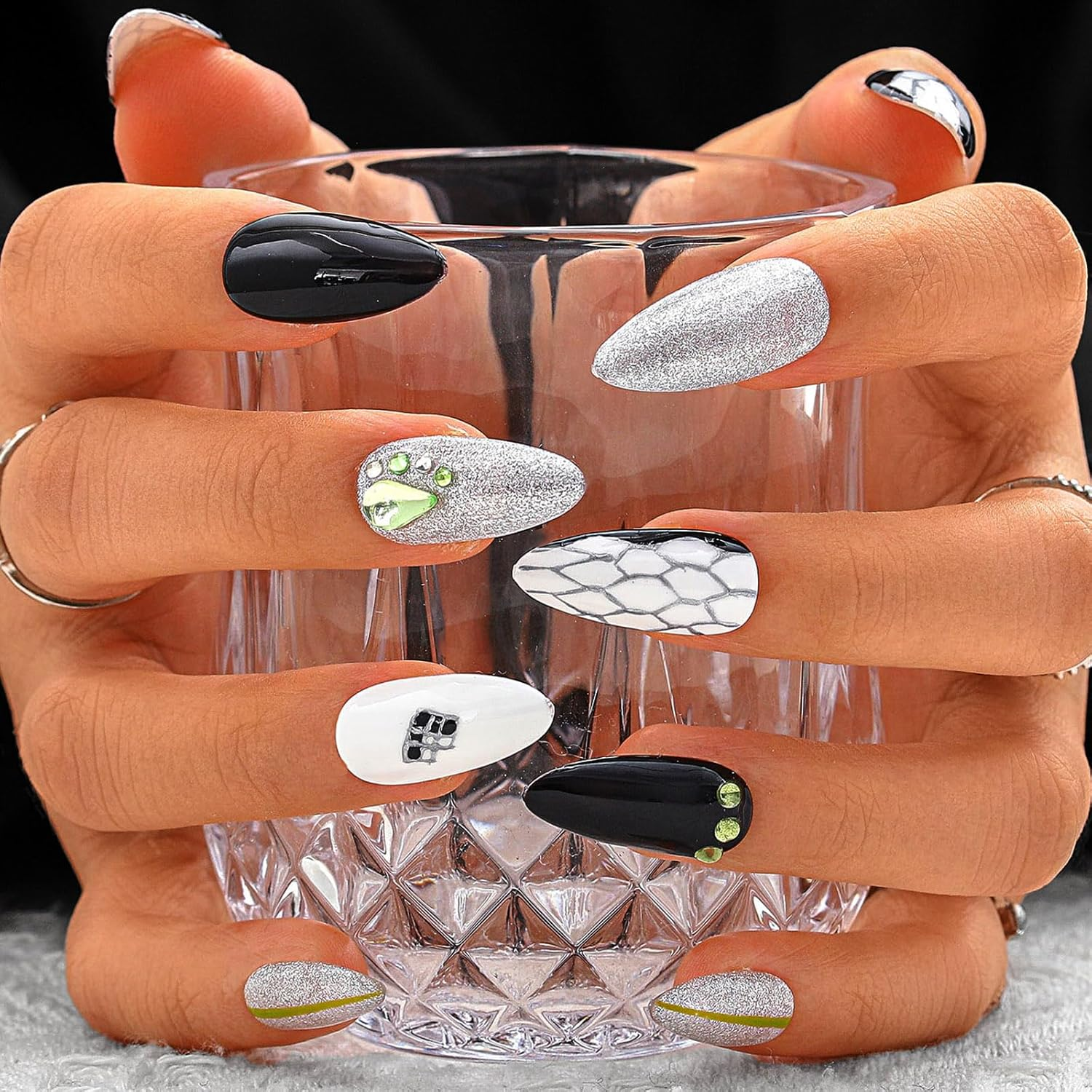 Sethexy Black Rhinestone Medium Almond Artificial Nail Sparkle Handmade False Nails Punk Natural Shiny Press on the Nail Durable Salon Quality for Women and Girls (2) image number 3