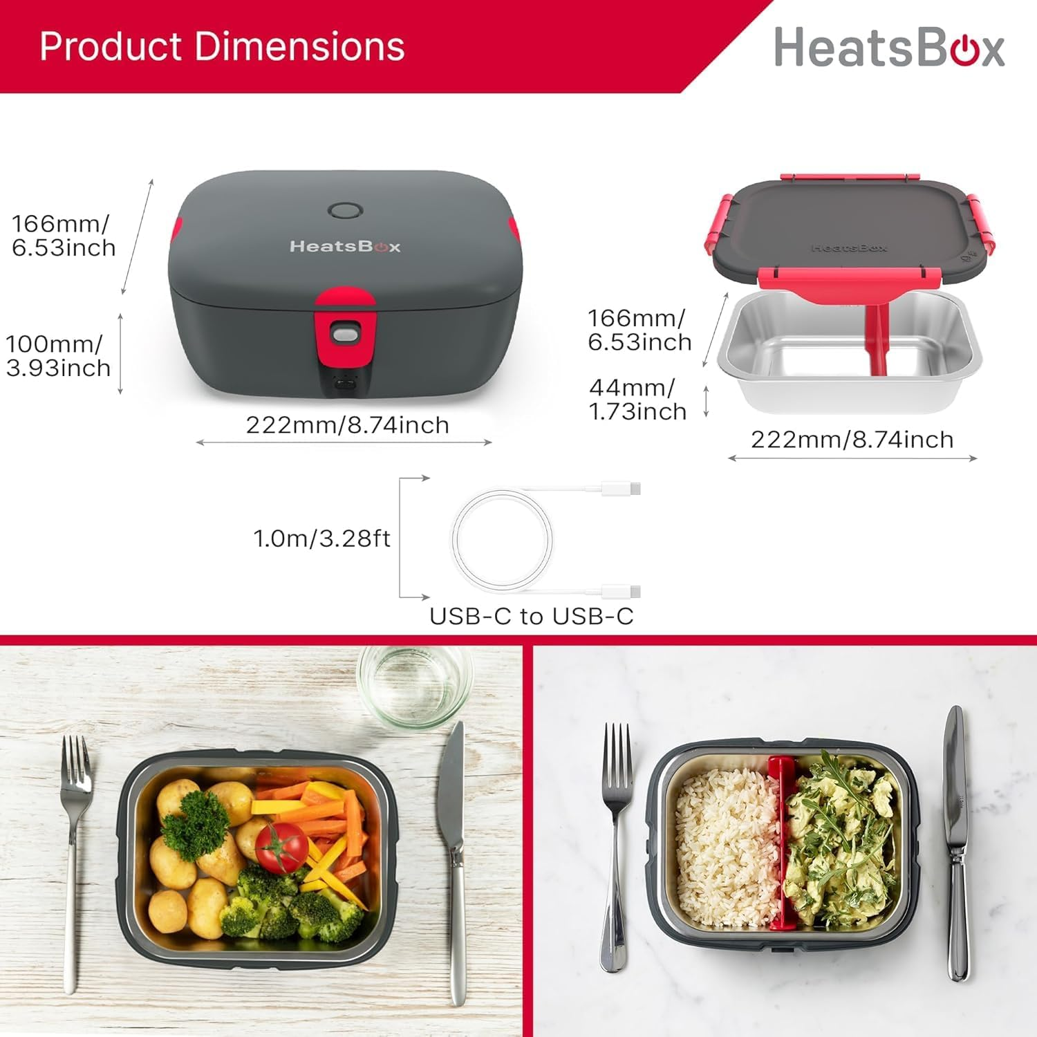 Faitron Heatsbox Go Electric Lunch Box, Mobile Warming Box for Heating Food, App Controllable, Integrated Battery, Leak-Proof Stainless Steel Bowl (925 Ml), 100 Watt, Grey image number 2
