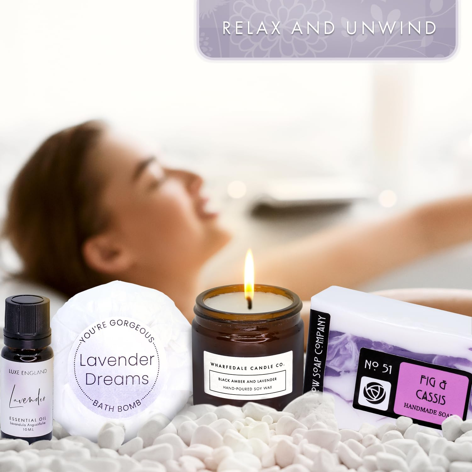 Luxe England Pamper Hamper - Relaxation Gifts for Women: Candle, Soap, Essential Oil, Bath Bomb, Shower Steamers & Lavender by Luxe England image number 5