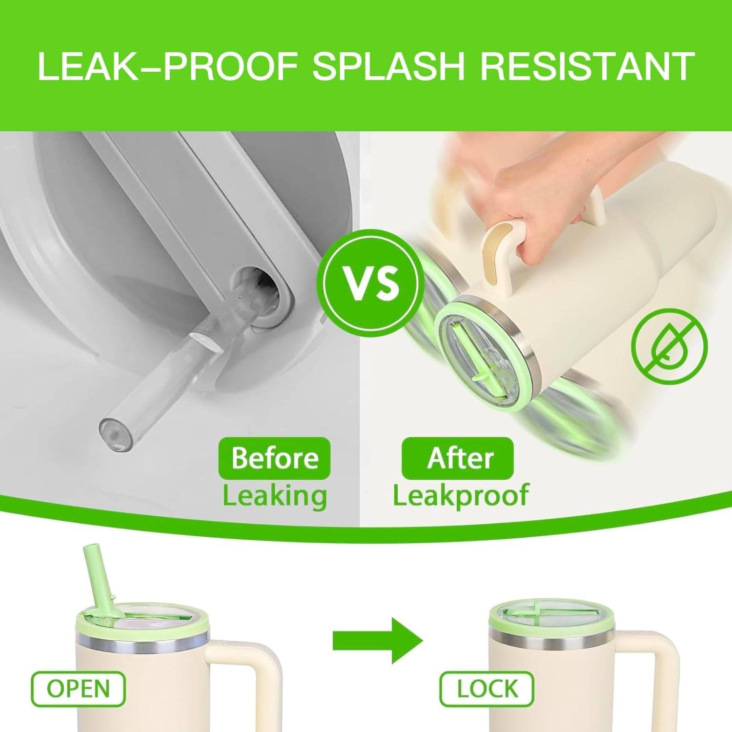 30 Oz Reusable Leak-Proof Cap Top Cover Stanley Cup Accessory for Stanley, with Handle, Leak-Proof Splash-Proof Replaceable Stanley Cap (Green)