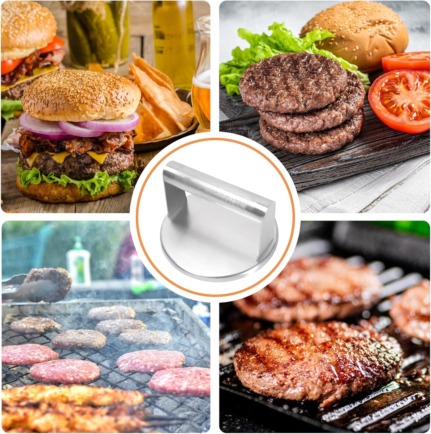 Burger Press Stainless Steel round Heavy-Duty Smash Burger Bacon Press Meat Steak with Anti-Slip Metal Handle for Blackstone, for Weber Grill, Smash Bacon Press, Patty Smasher, Hamburger Smasher Press image number 1