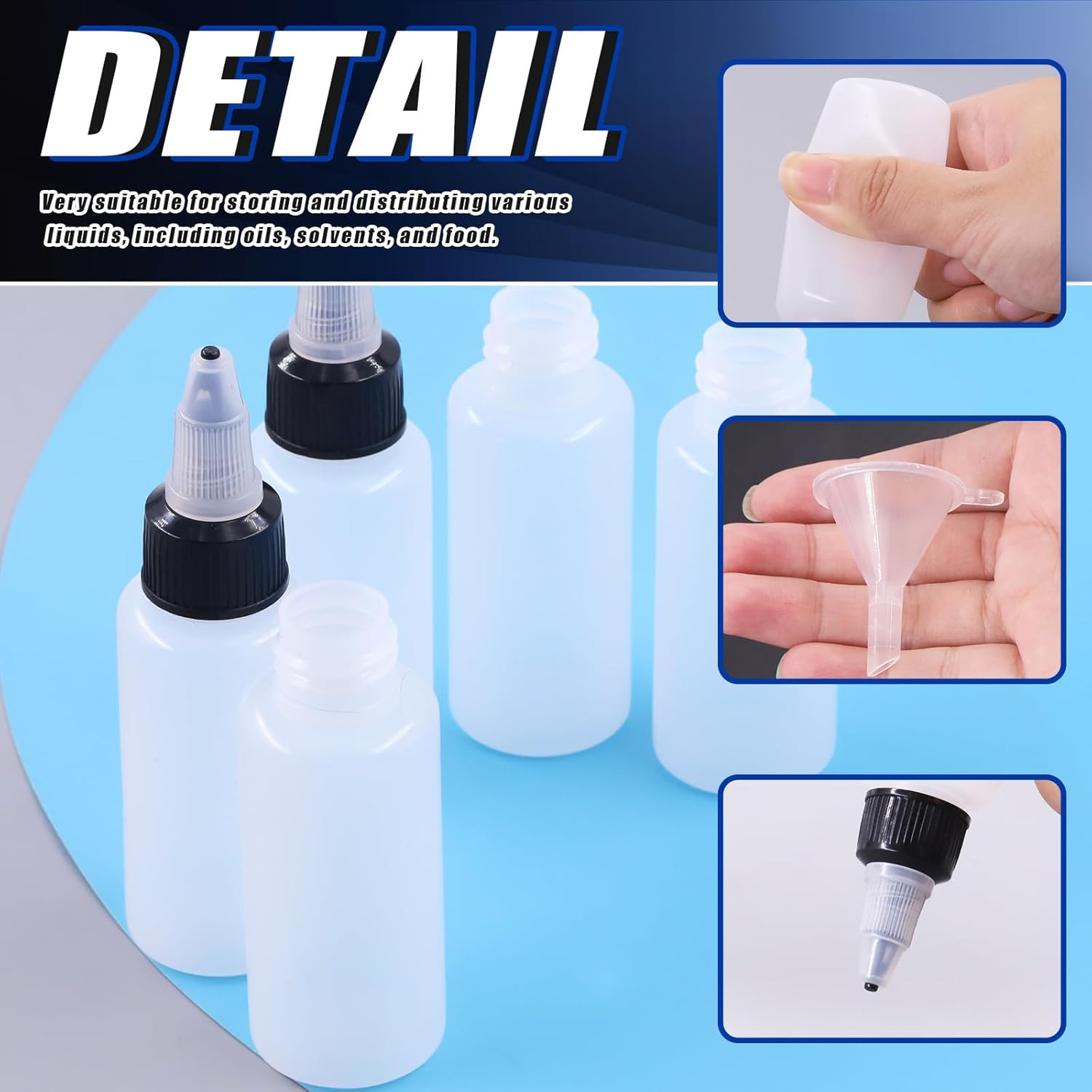 Glarks 25Pcs 30Ml/1Oz Dispensing Bottles with Funnel Set, Boston round LDPE Plastic Bottle, Clear Plastic Squeeze Bottles with Twist Top Cap for Kitchen, Household, Arts and Crafts image number 2