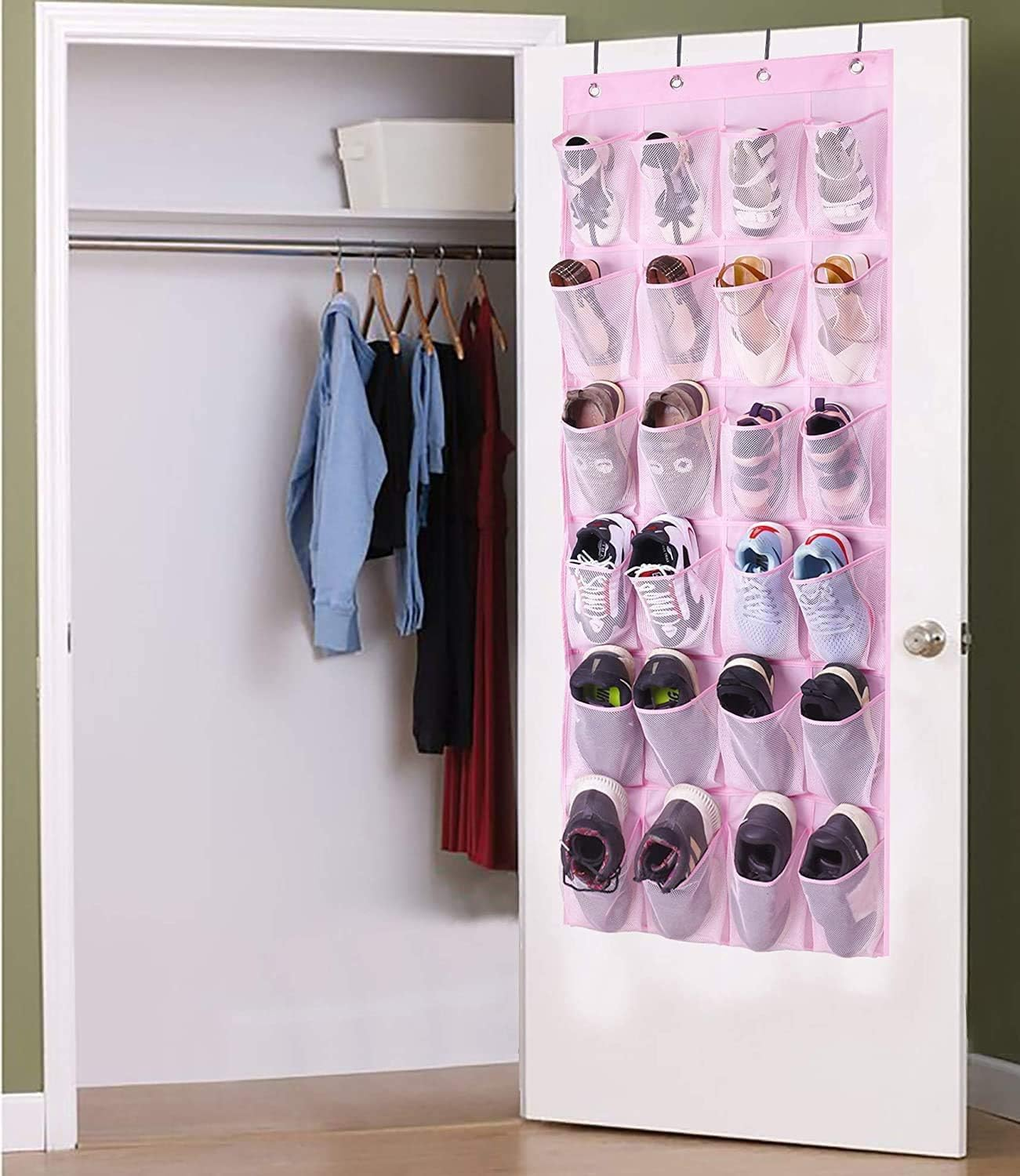 MISSLO Kids Shoe Organizer Pink Room Decor for Bedroom Door Hanging Baby Closet Storage over the Rack Breathable 24 Large Mesh Pockets for Toddler Girl - Pink image number 4