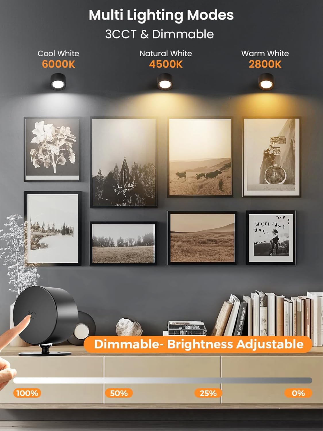 LED Wall Sconces Battery Operated 360&deg; Rotation Decor Wall Mounted Cordless Lights, 3 Color Temperatures & Dimmable, Wireless Magnetic Picture Lights Bedside Wall Lamps Bedroom, Livingroom-Black - Wood image number 7