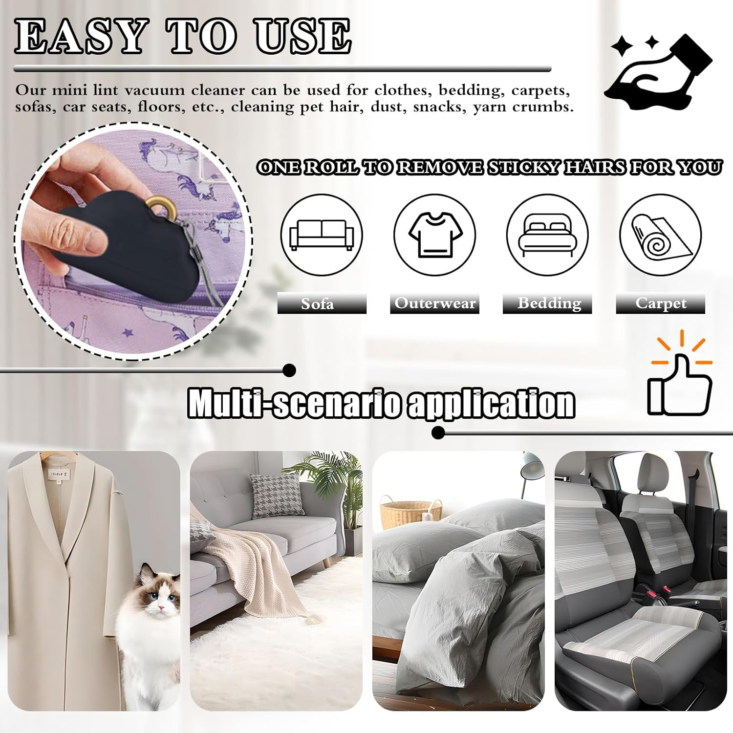 2 Pack Travel Portable Lint Roller with Hand Strap, Reusable Mini Lint Rollers with 6 Refill, Lint Remover for Clothes Bag (Black+White) image number 3