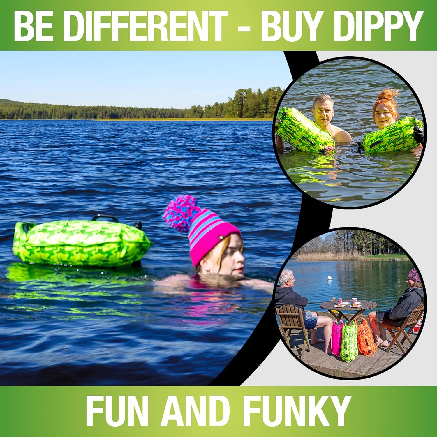 DIPPY Tow Floats for Open Water Swimming | 28L Swim Buoy Open Water Swimming Float | Waterproof Swimming Buoy | Tow Float Dry Bag | Wild Swimming Float | Wild Swimming Accessories (Green Cammo) image number 4