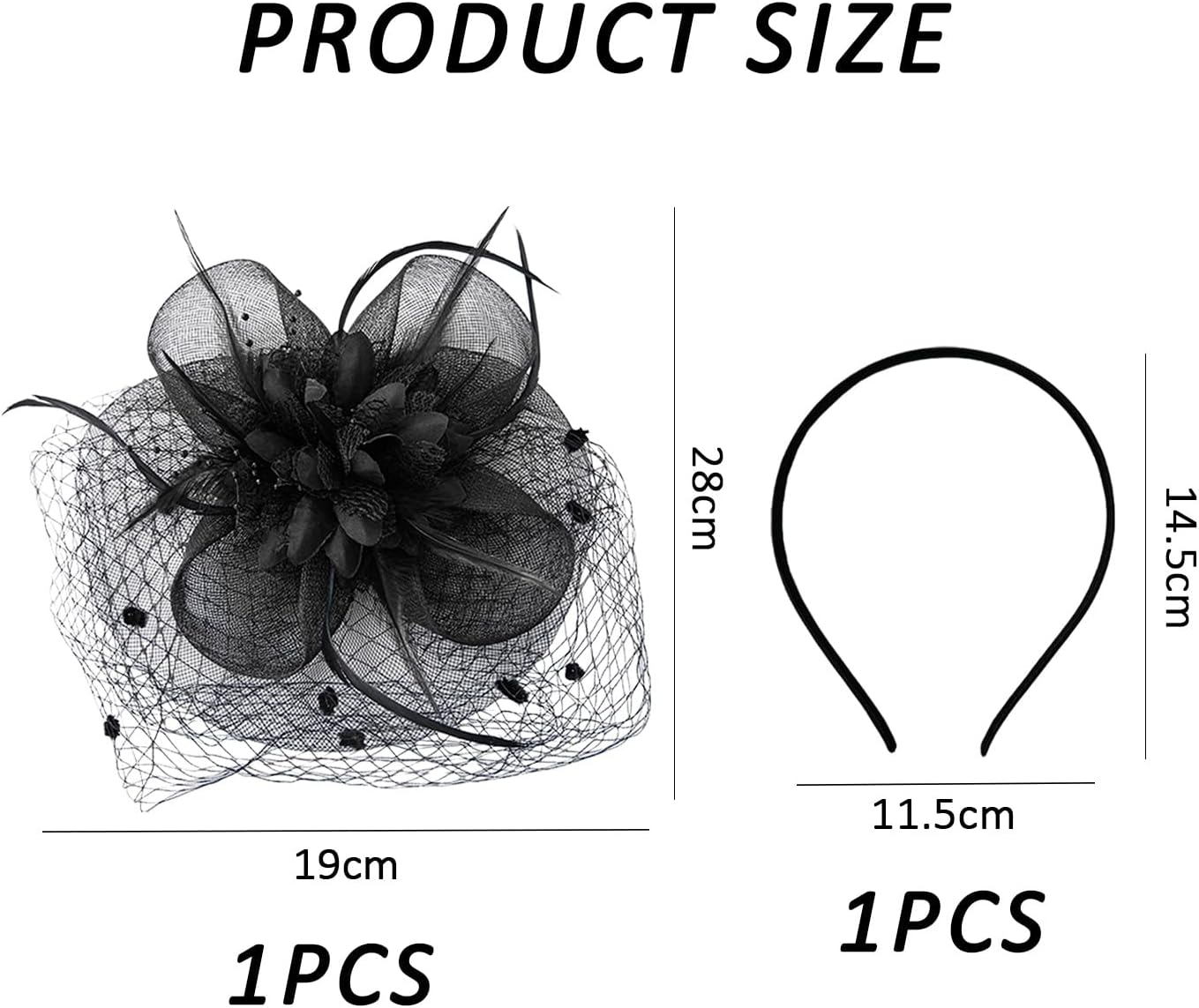 1 Piece Veil Headband, Net Headpiece, Bridal Hair Accessories, Flower Clip with Feathers, Headband with Hat (Black)