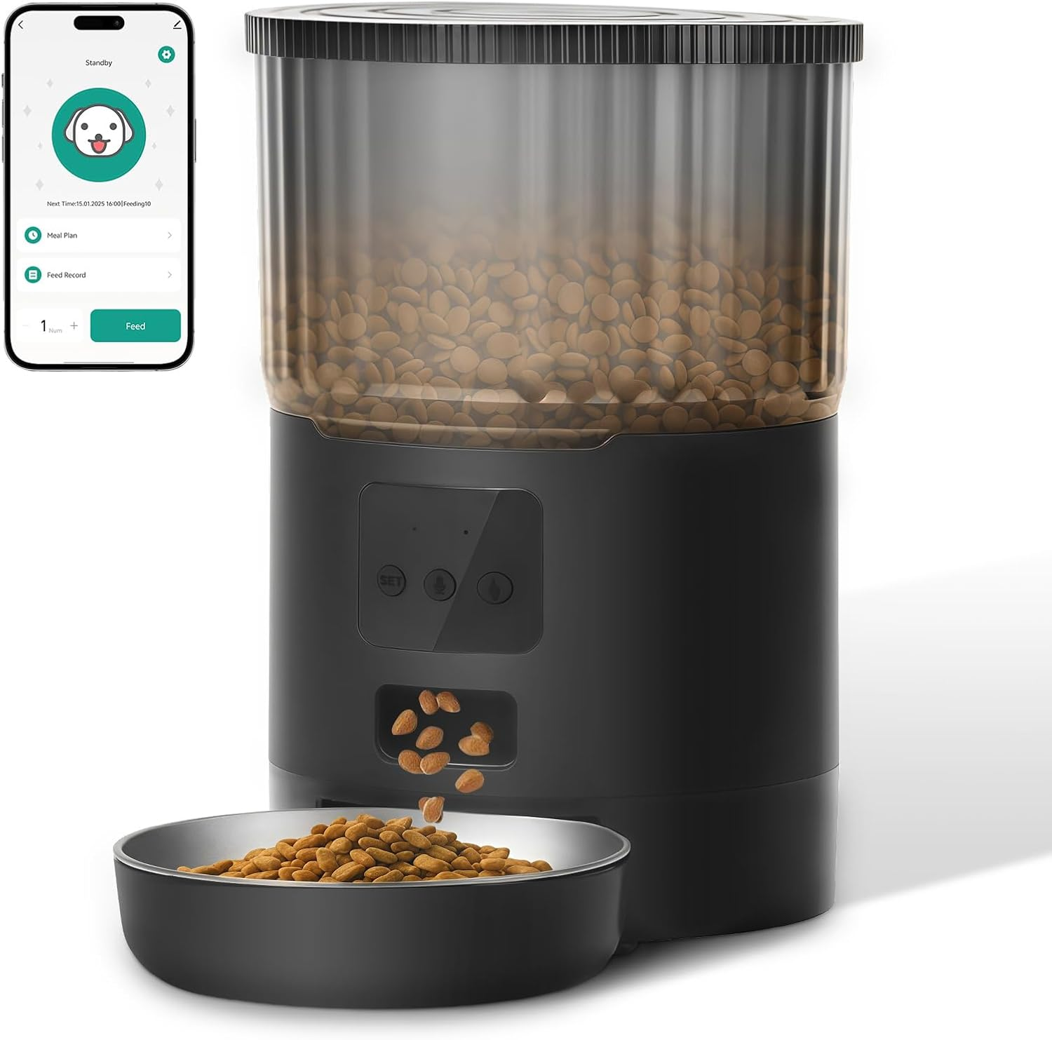 Mukkela Wifi Automatic Cat Feeder, 4L Timed Cat Dry Food Dispenser with 10S Voice Recorder, APP Control, Auto Pet Feeder up to 10 Meals per Day for Cats, Dogs, Dual Power Supply (Black)