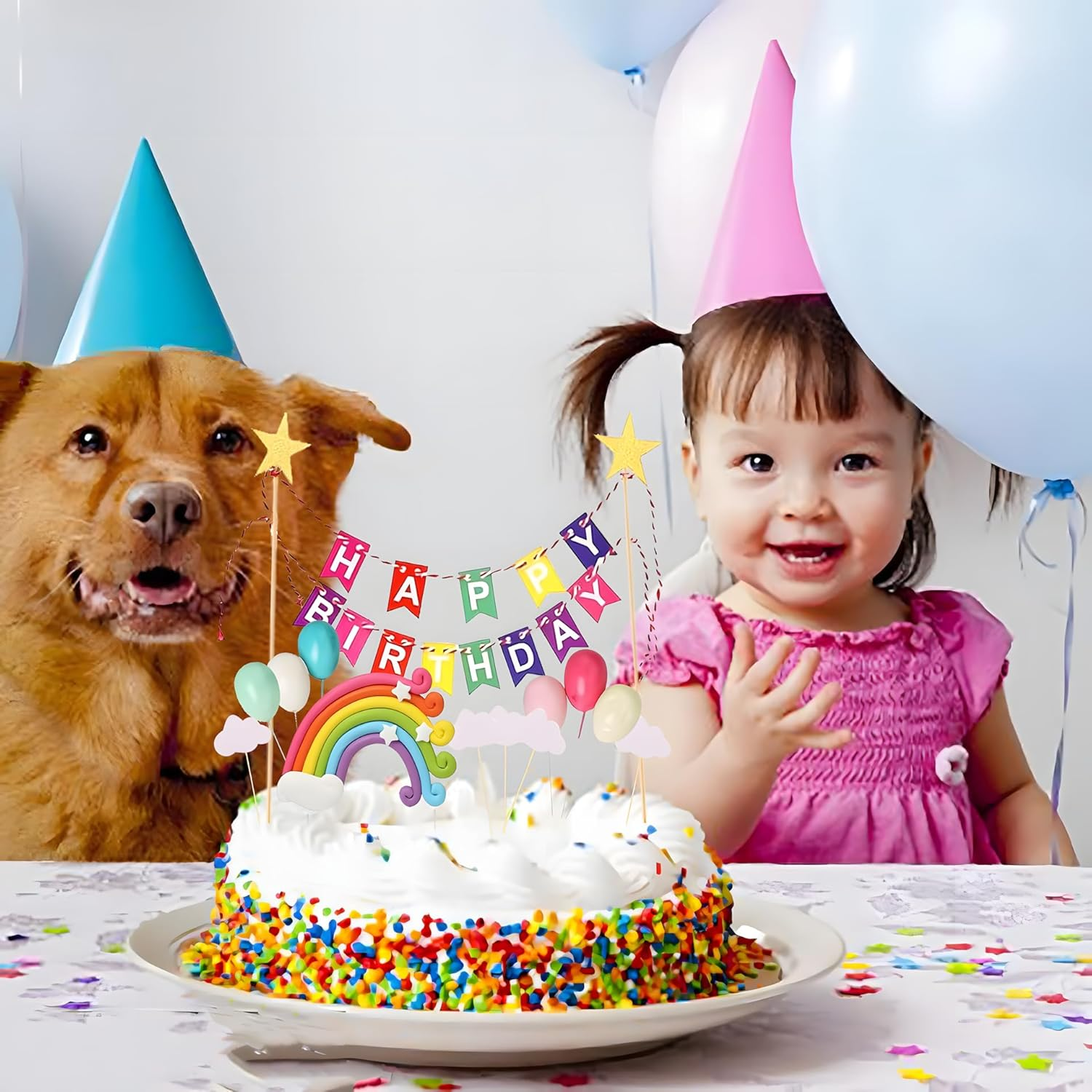 Rainbow Cake Topper, 13-Piece Cake Decoration Set, Include Colorful Rainbow Clouds Balloon Stars, for Boy Girl Kid Birthday Baby Shower Party Baking Decoration Supplies image number 5