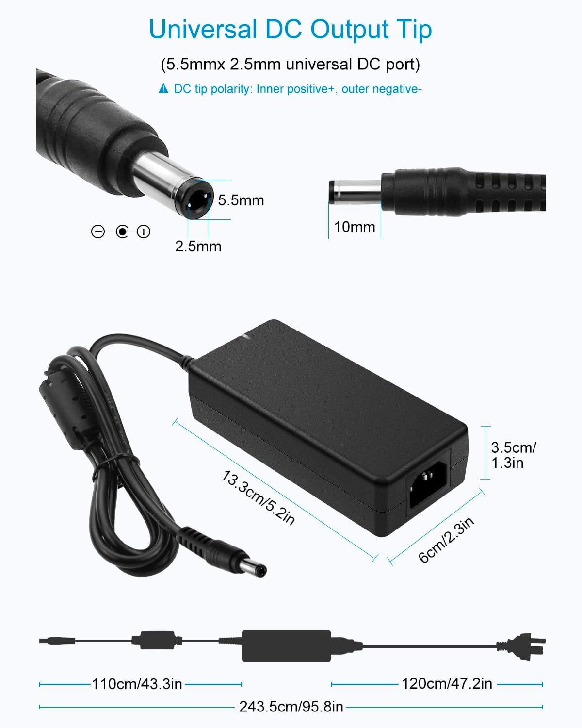 ALITOVE 24V Power Supply 4A 96W AC/DC Adapter 220-240V AC to DC 24 Volt Converter 4Amp 3.75A 3.5A 3.3A 3.2A Transformer 5.5X2.5Mm for LED Strip CCTV Camera LCD Monitor Massage Chair（Au Plug） image number 4