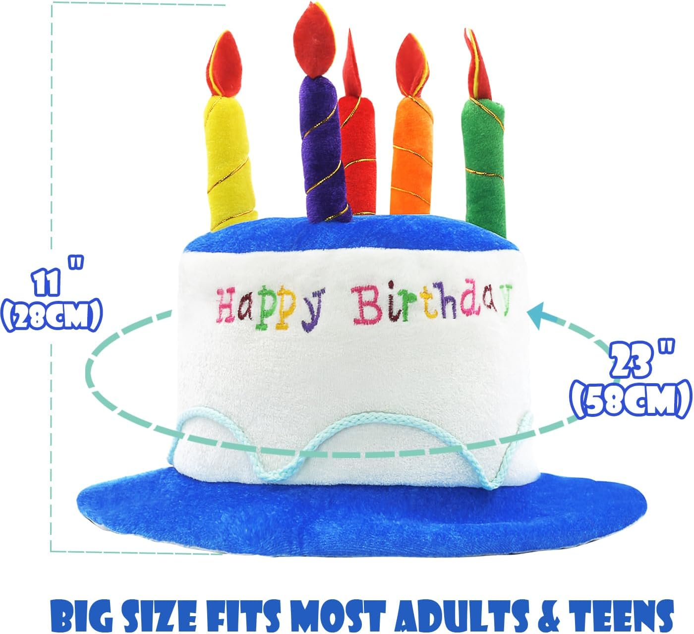 Novelty Place Plush Happy Birthday Cake Hat, (2 Pcs, Blue & Pink) - Unisex Adult Size Fancy Dress Party Hats - Perfect as Party Favors, Costume Accessories - Cake & 5 Multicolor Candles image number 5