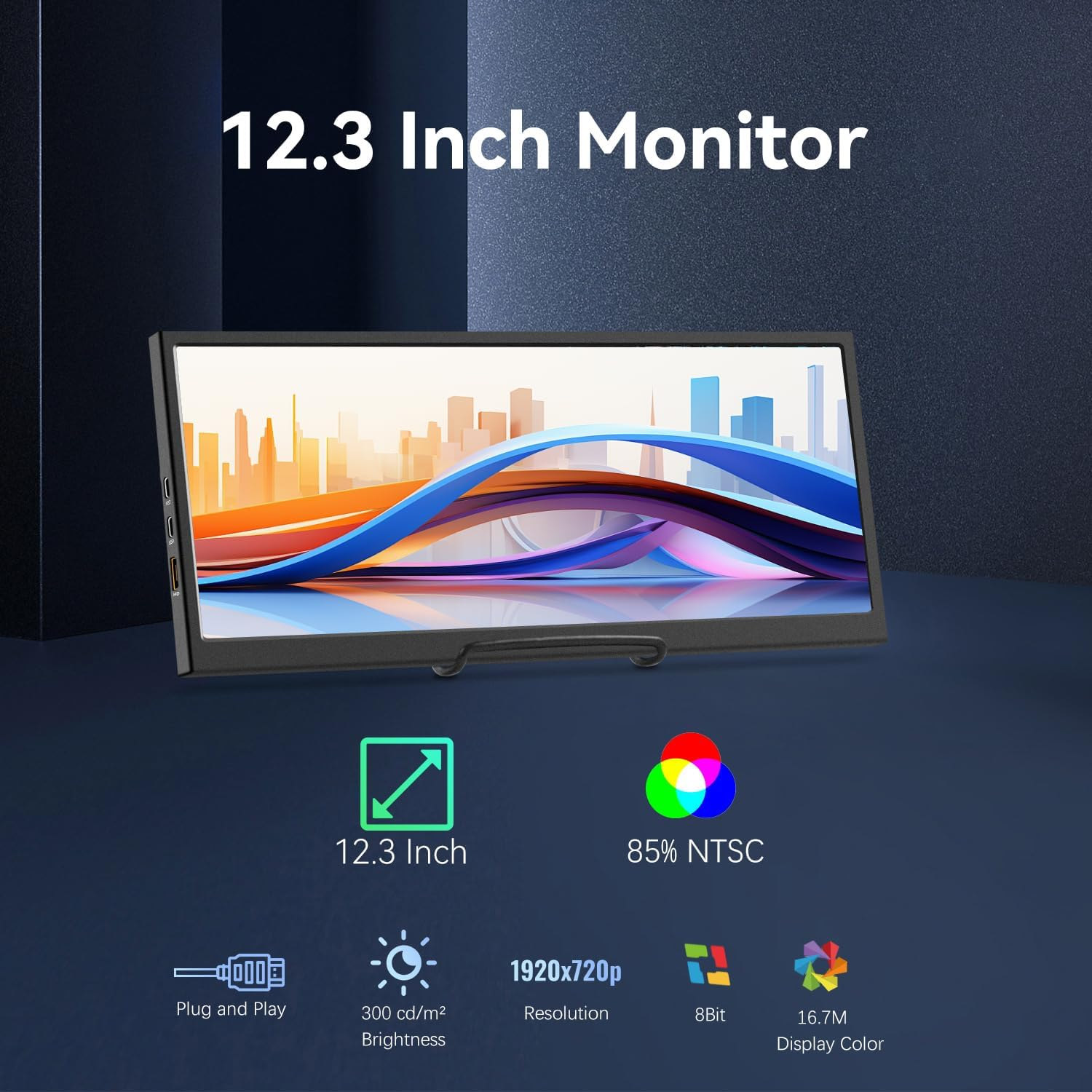 12.3 Inch Secondary Monitor, IPS Stretched Bar LCD Travel Display 1920 * 720 HDMI USBC, Mini Portable Monitor Metal Material for Laptop Computer Windows Aida64 GPU CPU RAM Monitoring,Built-In Speaker image number 5