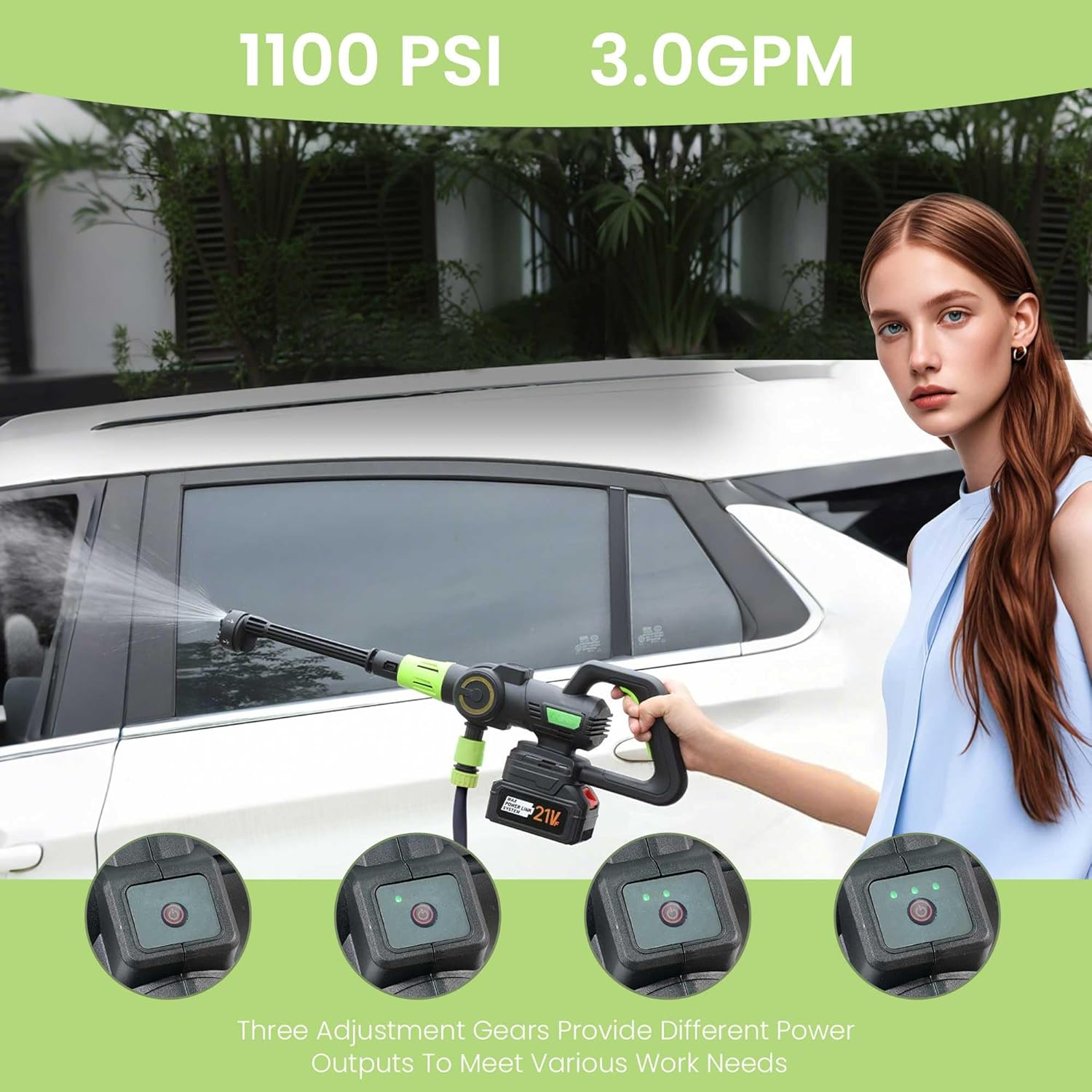 ROWNYEON Portable Cordless Pressure Washer, 1100PSI Pressure Washer with 4.0Ah Battery, Brushless Motor, 3 Levels Pressures, Foam Cannon & 6-In-1 Nozzle, for Car Yard Garden Cleaning (Black)