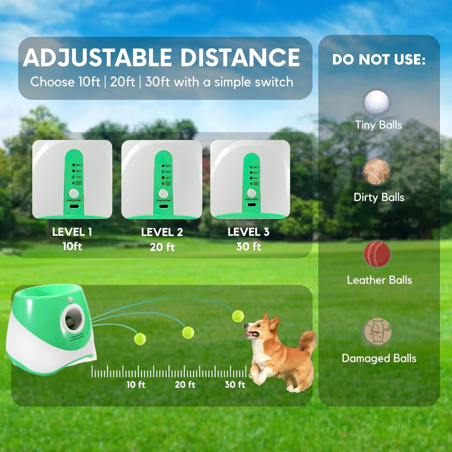 Automatic Dog Ball Launcher for Small & Large Dogs Adjustable Distance 10-30 FT & Rechargeable Fetch Machine Perfect Indoor & Outdoor Interactive Toy Green, Includes 6 Balls Pet Training image number 2
