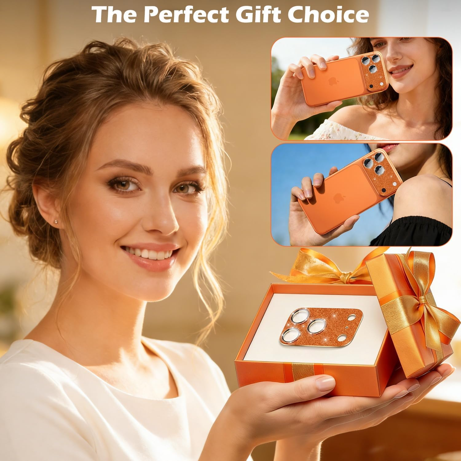 Imluckies Compatible with Iphone 17 Pro Max Camera Lens Protector Bling, Ultra HD Tempered Glass Shiny Diamond Camera Screen Protection, 9H Anti-Scratch & Easy Install, Glitter Orange