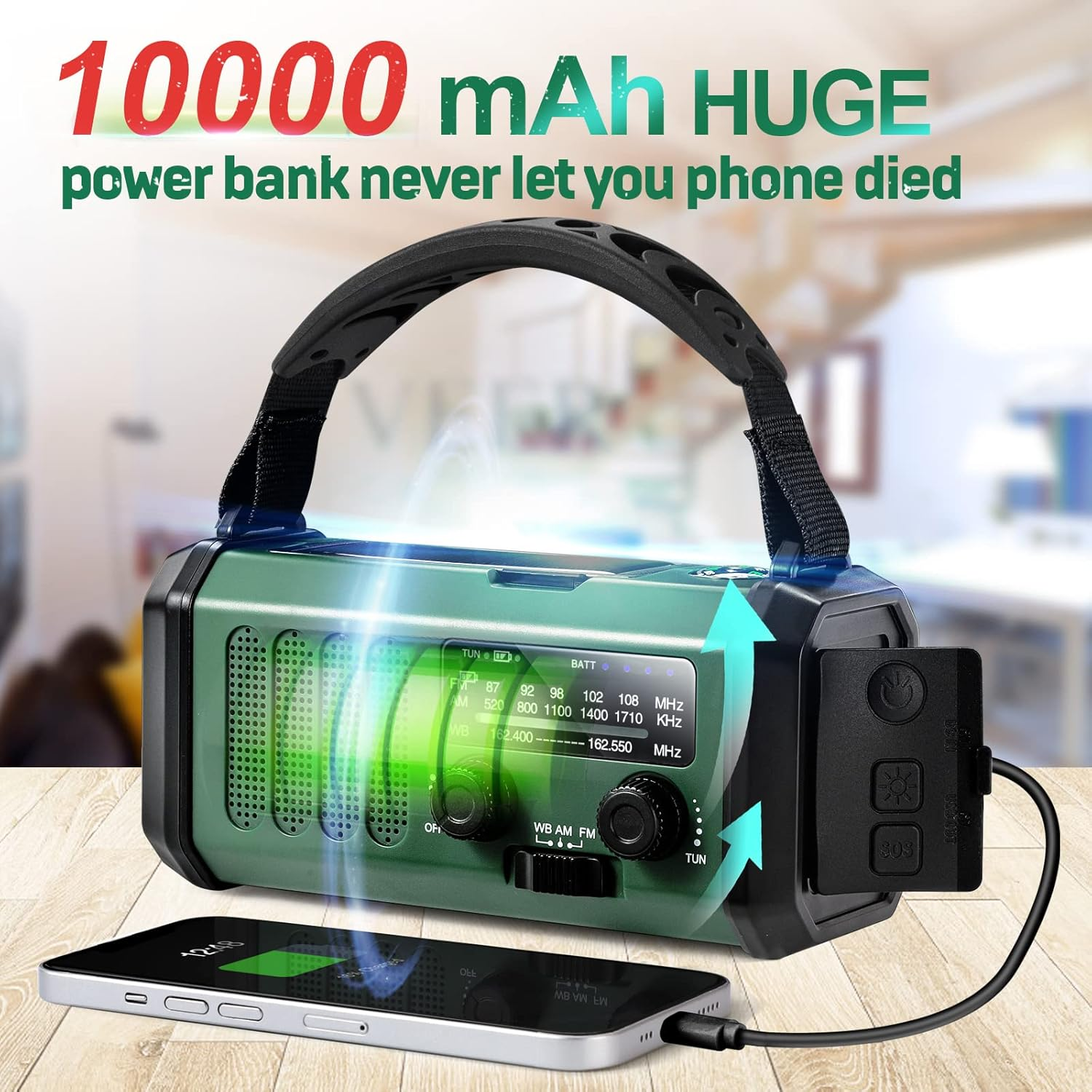 【2023 Newest】 Emergency Hand Crank Weather Radio with 10000Mah Battery Backup, AM FM NOAA Weather Radio, Type-C Charge,Solar Charging,Sos, 3 Modes LED Torch，Reading Lamp, Compass for Outdoor Survival image number 1