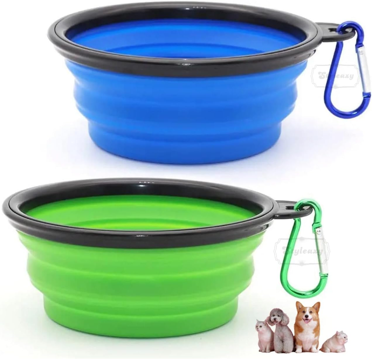 Collapsible Pet Bowl, BPA Free Portable Silicone Pet Feeding and Water Bowl with Carabiner Clip, Ideal for Hiking, and Outdoor Activities (Set of 2)