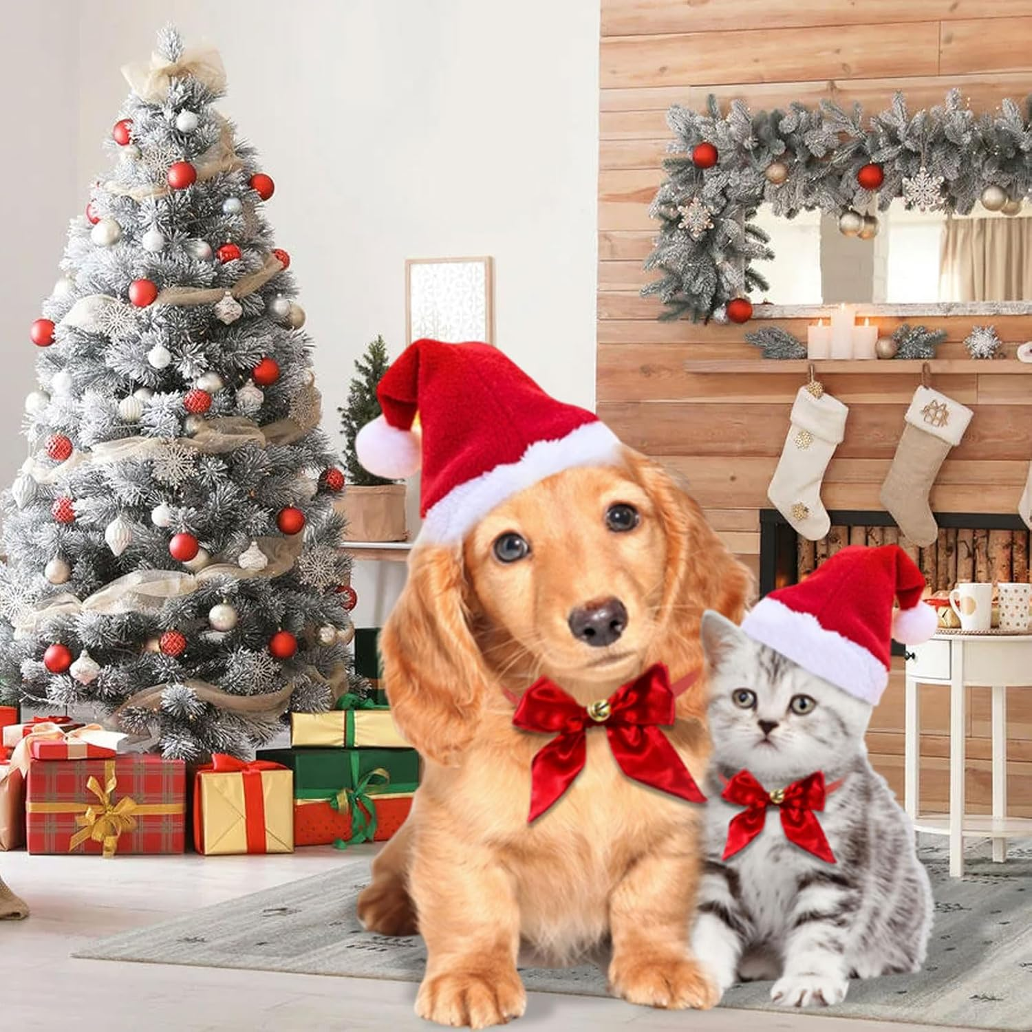 Pack of 2 Christmas Dog Costume, Dog Christmas Hat, Christmas Hats for Cats, Collar Christmas Costume Accessory Set, Adjustable Size Pet Hat for Cats, Puppies, Small Dogs image number 5