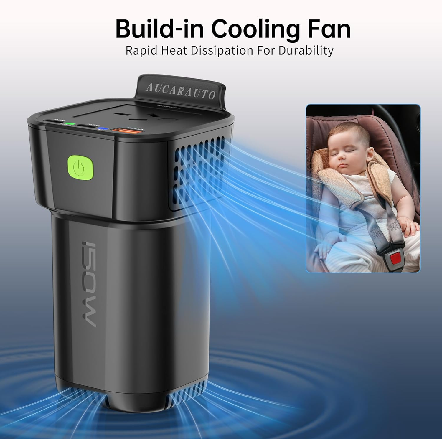 AUCARAUTO 150W Car Power Inverter, DC 12V to 220V AC 5-In-1 Cup Holder Car Plug Adapter Outlet with 10A Cigarette Lighter Socket, 2 USB-C 30W & 1 USB-A 18W Converter Charger - Black