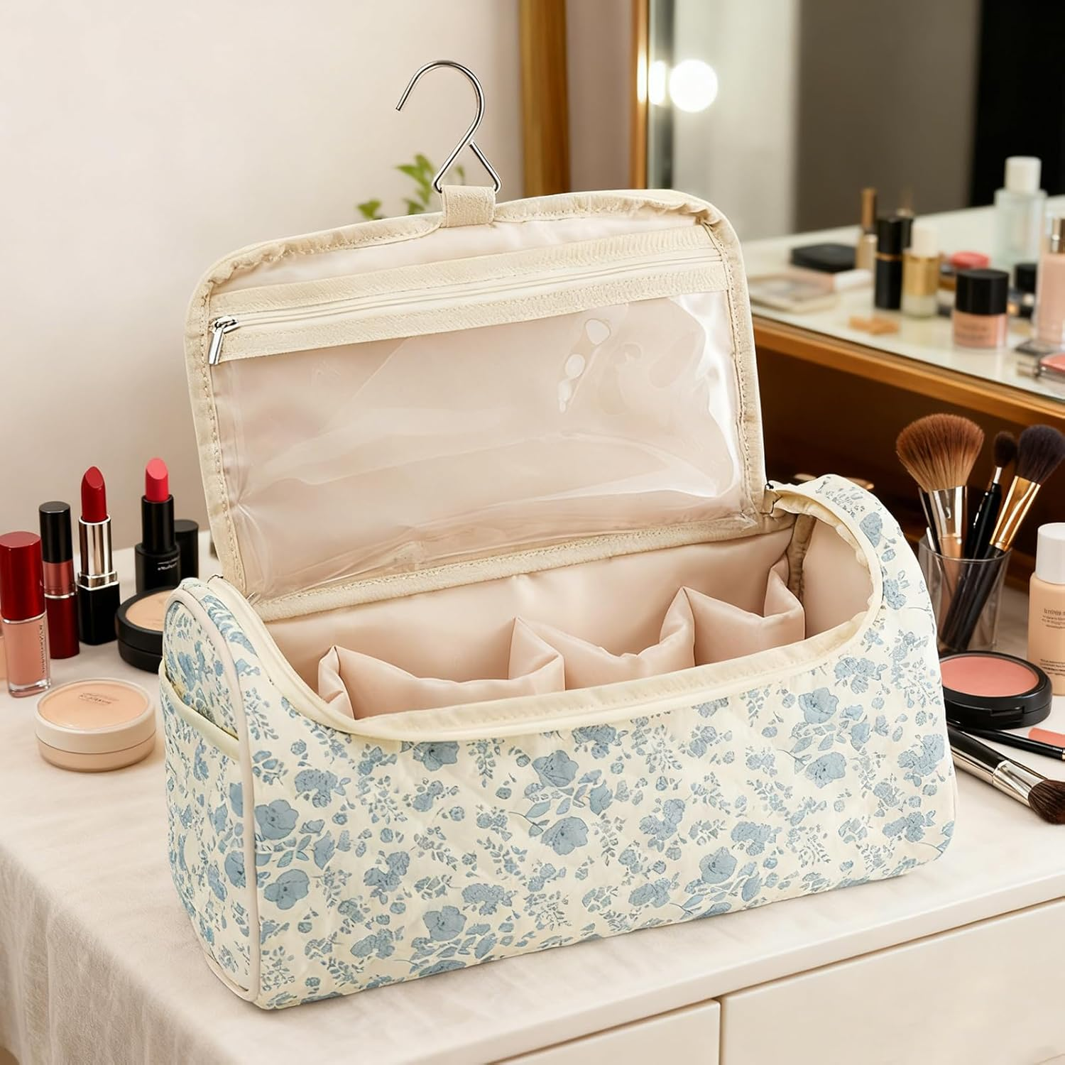 Quilted Hair Tool Travel Bag, Cute Portable Organizer Case with Hanging Hook, Makeup Bag, Cotton Hair Tool Bags for Travel, for Brush Straightener Curler Cosmetics - 3 image number 2
