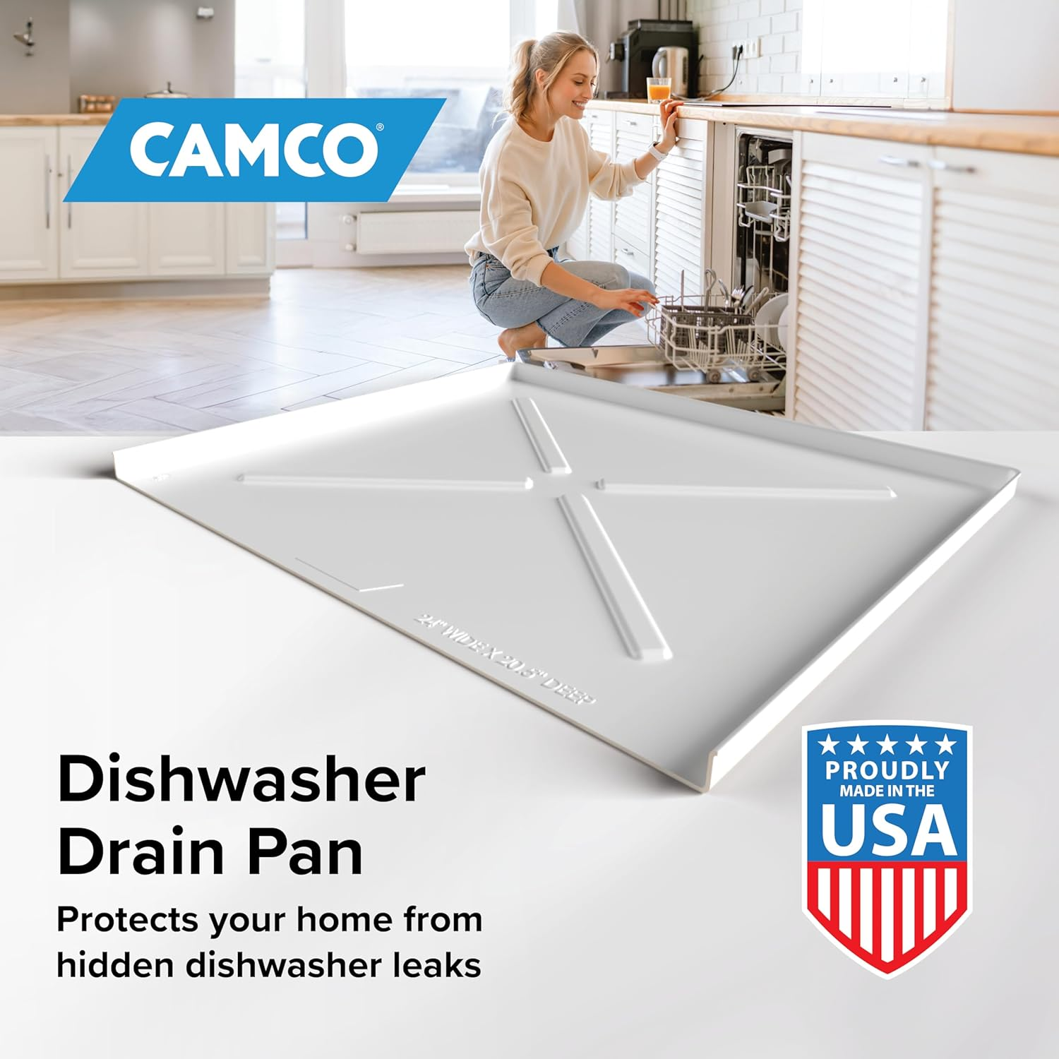 Camco Camper/Rv Dishwasher Drain Pan | Features a Heavy-Duty Polymer Construction | Designed for Water to Flow toward the Front of the Dishwasher | Outer Measurements 24-Inches X 20.5-Inches (20600)