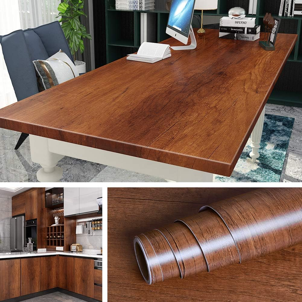 Livelynine 15.8X197 Inch Brown Wood Wall Paper Peel and Stick Kitchen Cabinet Wallpaper Adhesive Shelf Liner Wood Grain Vinyl Wrap for Cabinets Old Furniture Cupboard Wardrobe