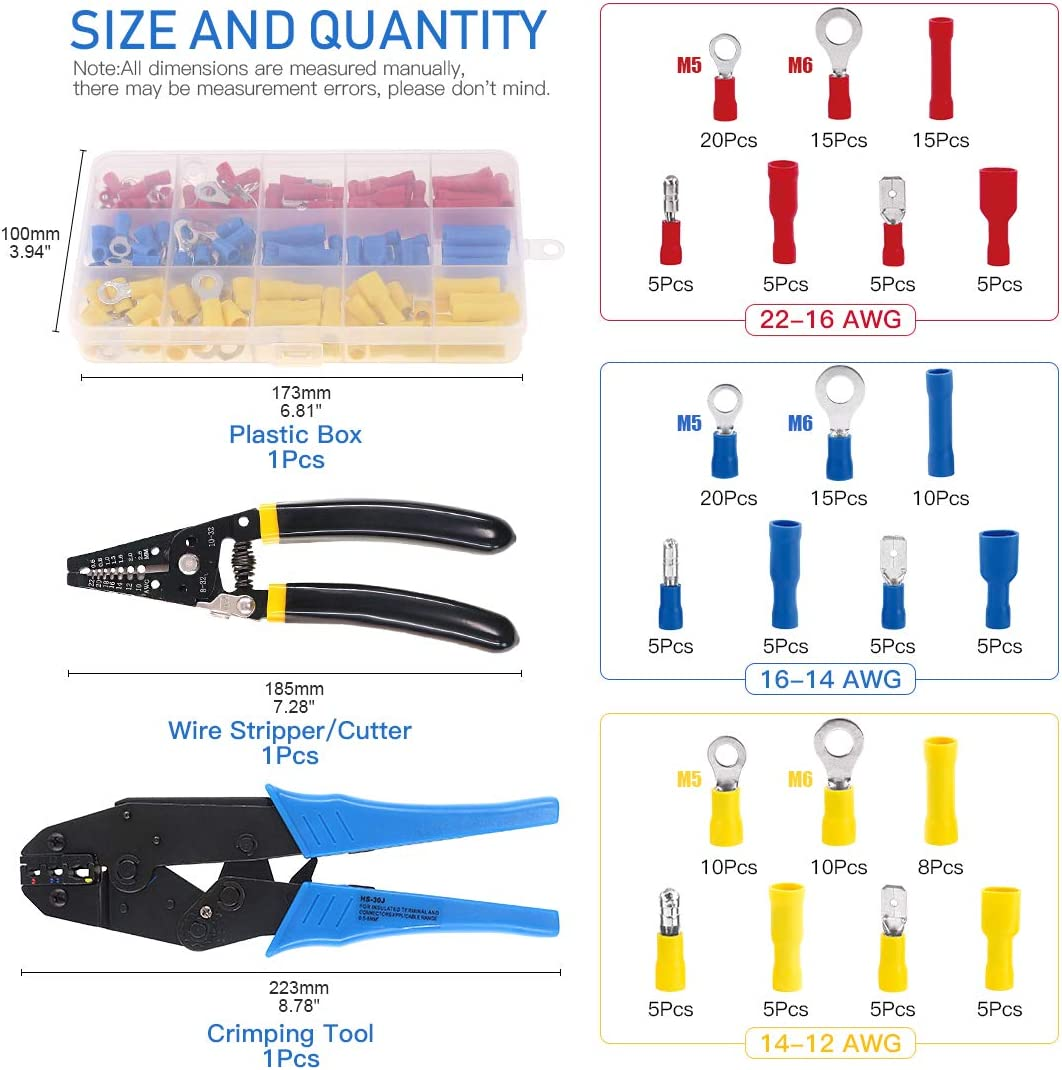 Glarks Professional Self-Adjustable Ratchet Wire Crimping Pliers AWG 22-10 and a Wire Stripper Tool Set with 183 Pieces Insulated Crimp Terminals Connectors Assortment Kit image number 3