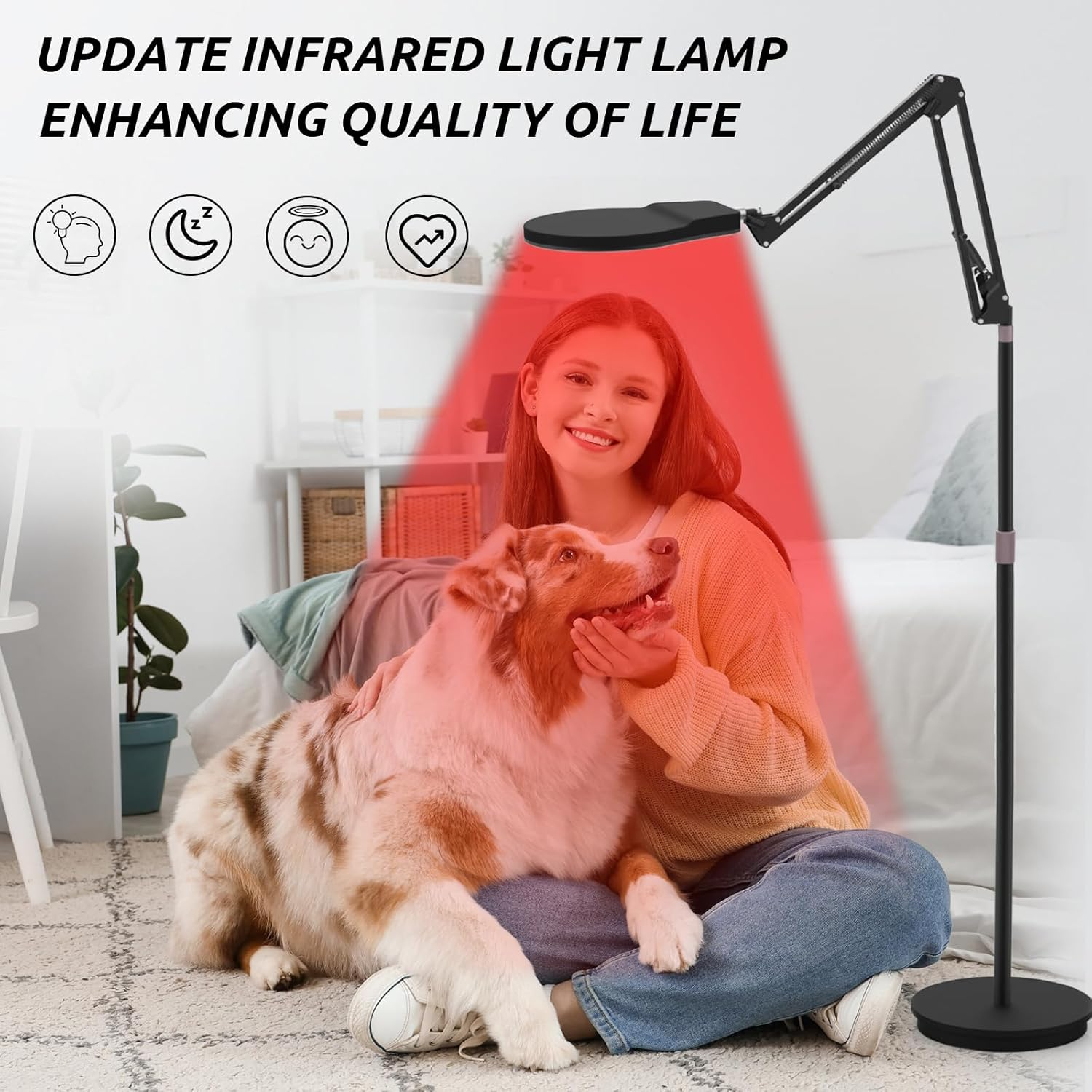 Floor Infrared Lamp, 940&850&660 Red Light Lamp, 5 Brightness & 10/20/30Min Timer & Adjustable Height, 150Leds Infrared Light for Home/Office Use(Black) image number 6