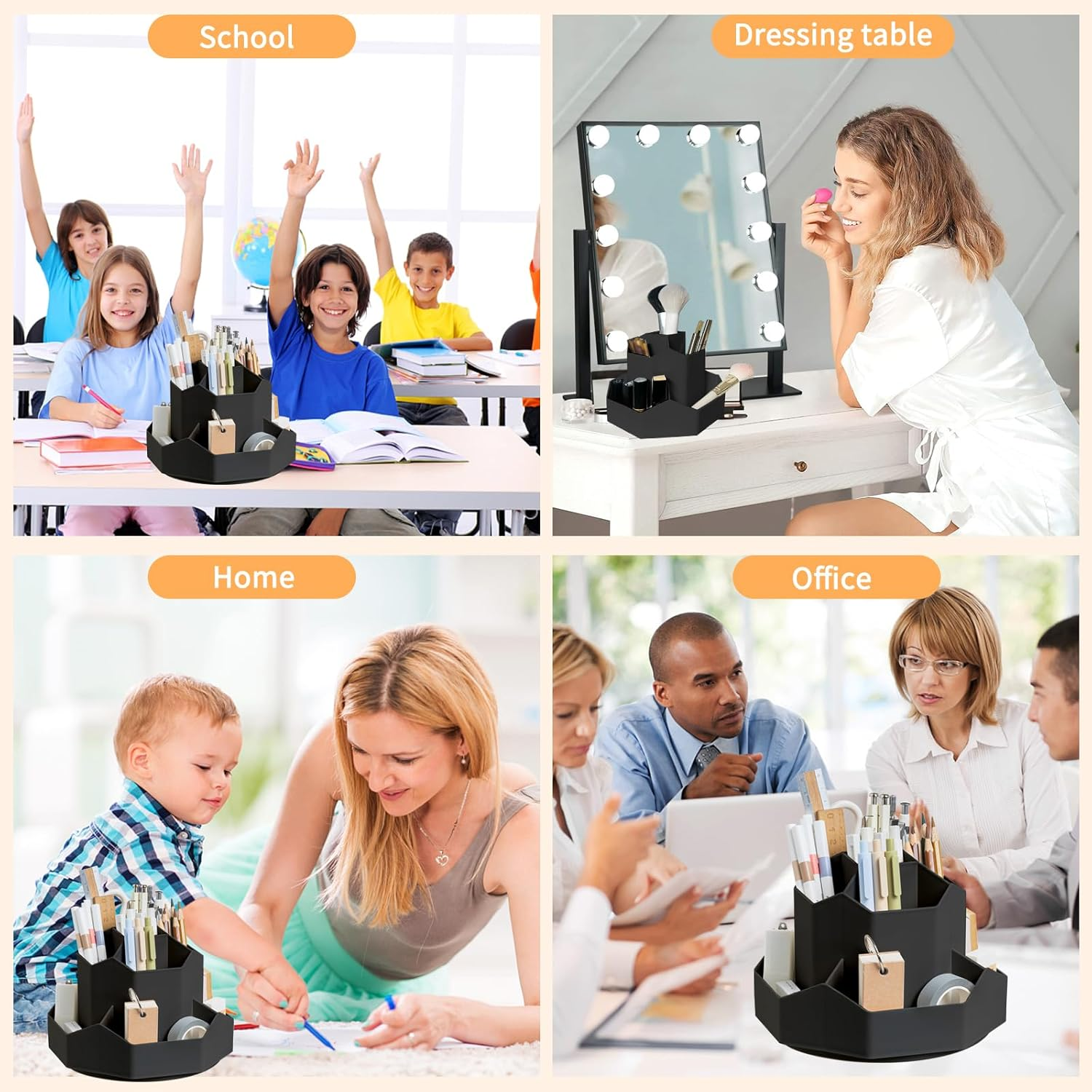 Cayxenful Pencil Pen Holder for Desk,9 Slots 360 Degree Rotating Desk Organizers,Desktop Storage Stationery Supplies Organizer, Cute Pencil Cup Pot for Office, School, Home(Black) - Black image number 5