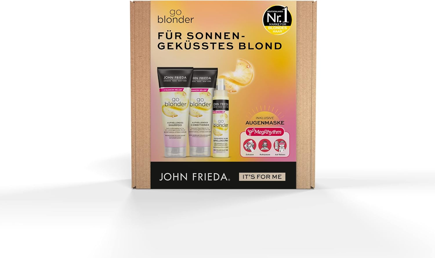 John Frieda Go Blonder Value Set for Blonde Hair - Shampoo, Conditioner, Whitening Spray & Free Megrhythm Eye Mask - Gradually Brightens - Also for Colour-Treated Hair image number 4