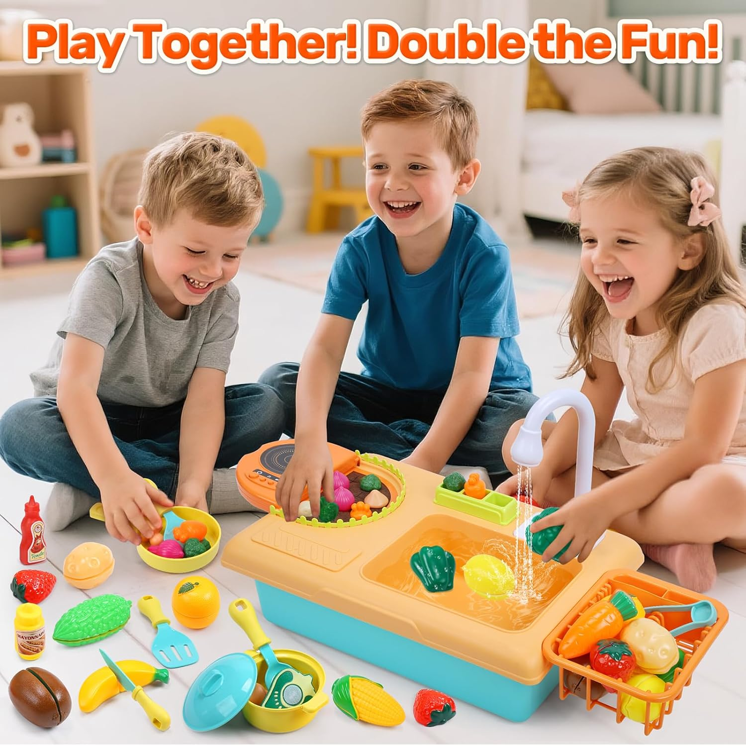 CUTE STONE Play Sink with Running Water, Toddler Sink Toy with Upgraded Electric Faucet, Play Kitchen Accessories, Cooking Stove, Vegetable Garden Toys, Learning Kitchen Toys for Kids image number 1