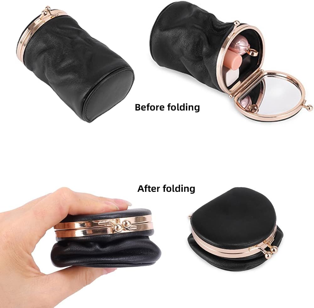 DDPOND Genuine Leather Clutch Cosmetic Bag for Women Lipstick Case Holder with Mirror Kiss Lock Makeup Purse Coin Pouch - Blue image number 4