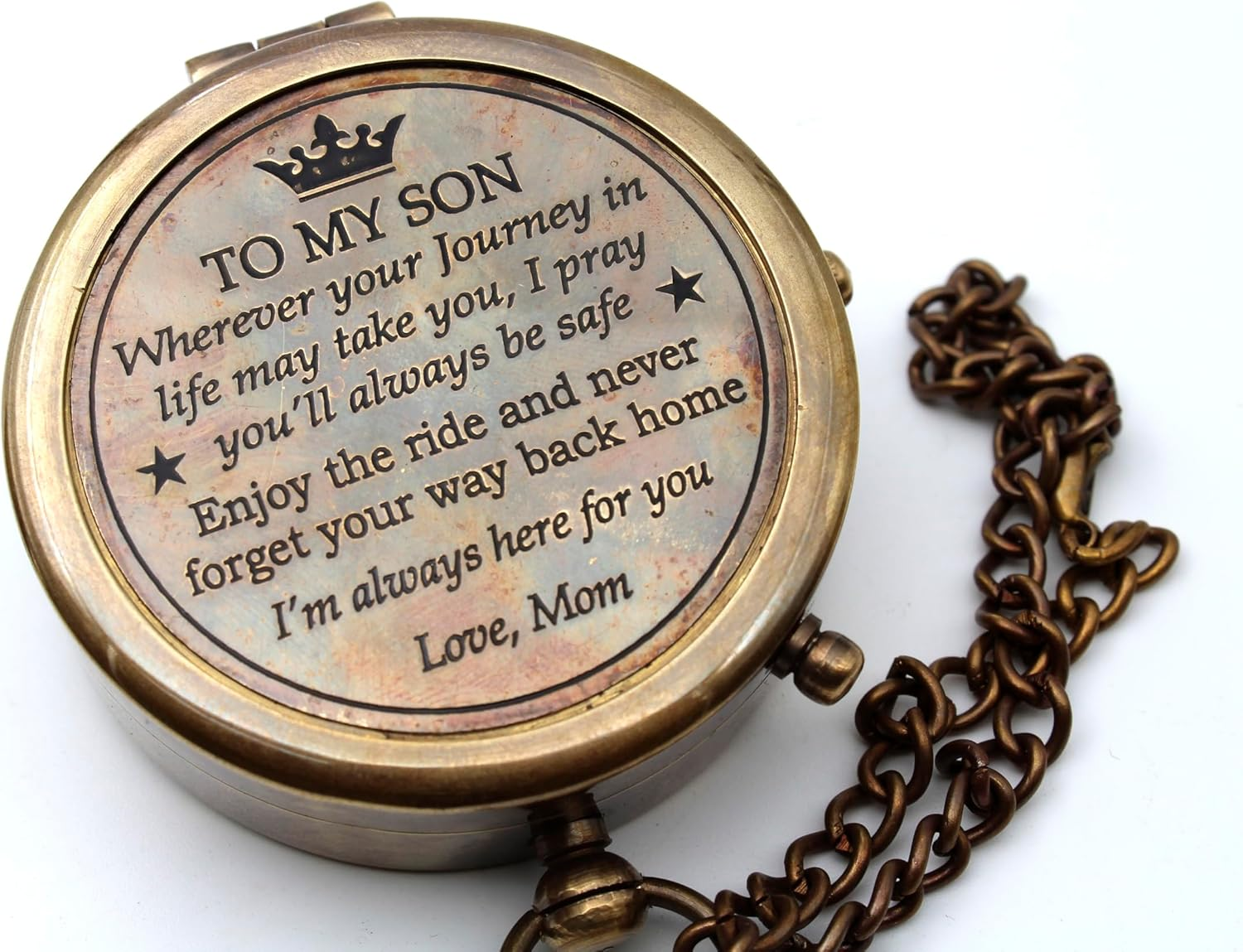 US HANDICRAFTS Brass Compass with Wooden Case Mom to Son Compass &ndash; to My Son Love Mom &ndash; Engraved Compass Mother to Son Gifts Graduation Day Gifts for Son| Brown Antique Bronze image number 3