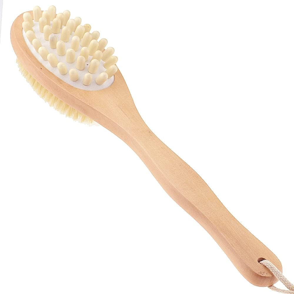 2 in 1 Body Brush Double-Sided Natural Bristle Body Brush Scrubber Long Handle Wooden Spa Shower Brush Bathtub Massage Brush