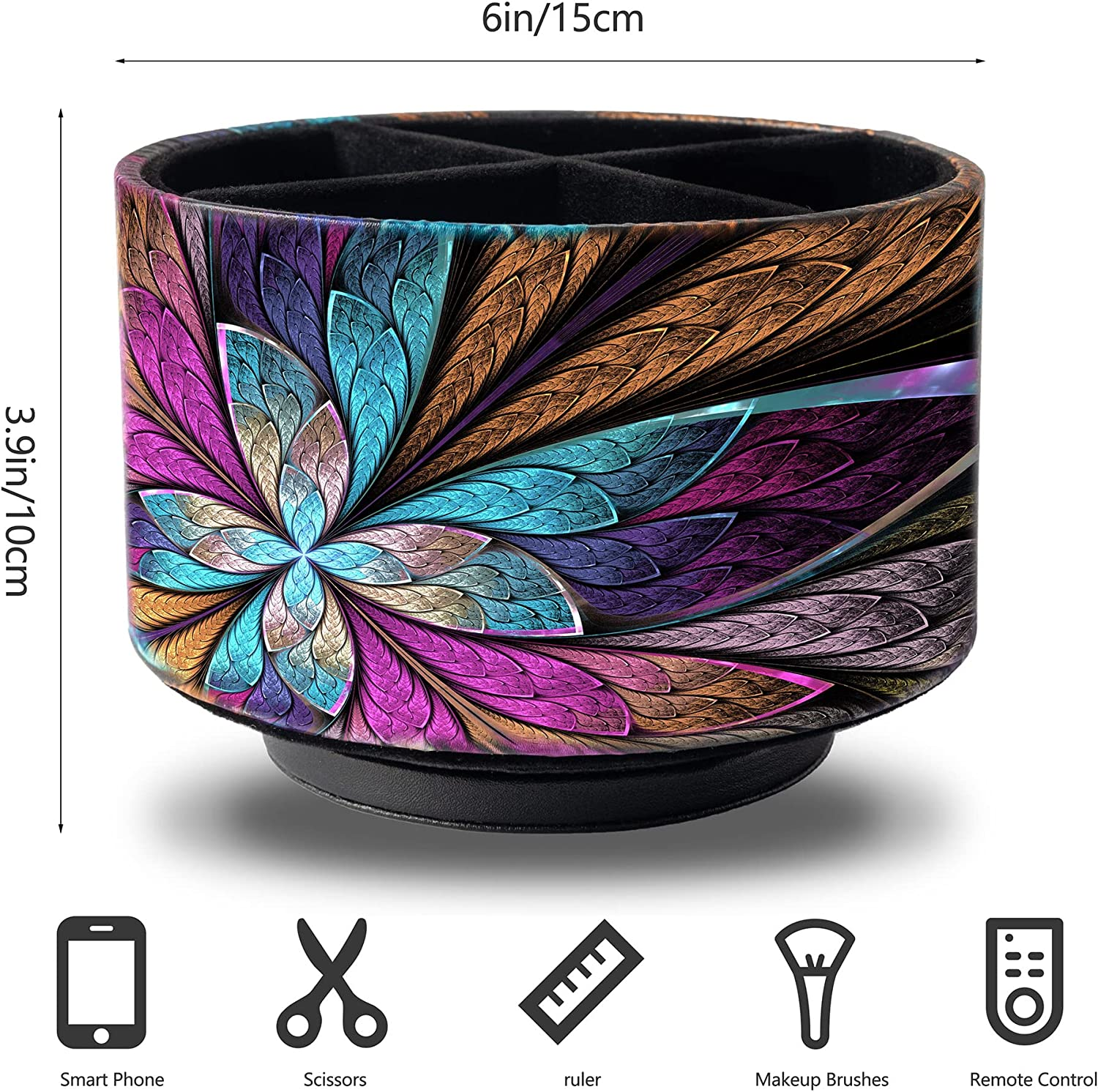 HOMIEST round Leather Art Supply Organizer,Remote Control Holder,360 Degree Spinning,Multi-Functional Pencil Holder,4 Compartments Desktop Stationary Organizer image number 2