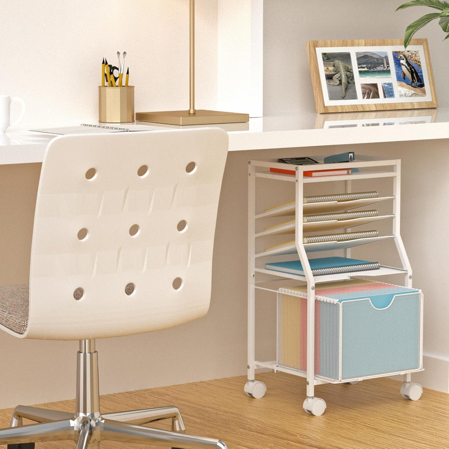 BOHDK Rolling File Cart, 6-Tier under Desk Organizer on Lockable Wheels, Wood Planks & Mesh File Cart with Sliding Drawer and Paper Trays for Office Home School, 14.8" L X 11.8" D X 27.7" H, White image number 5