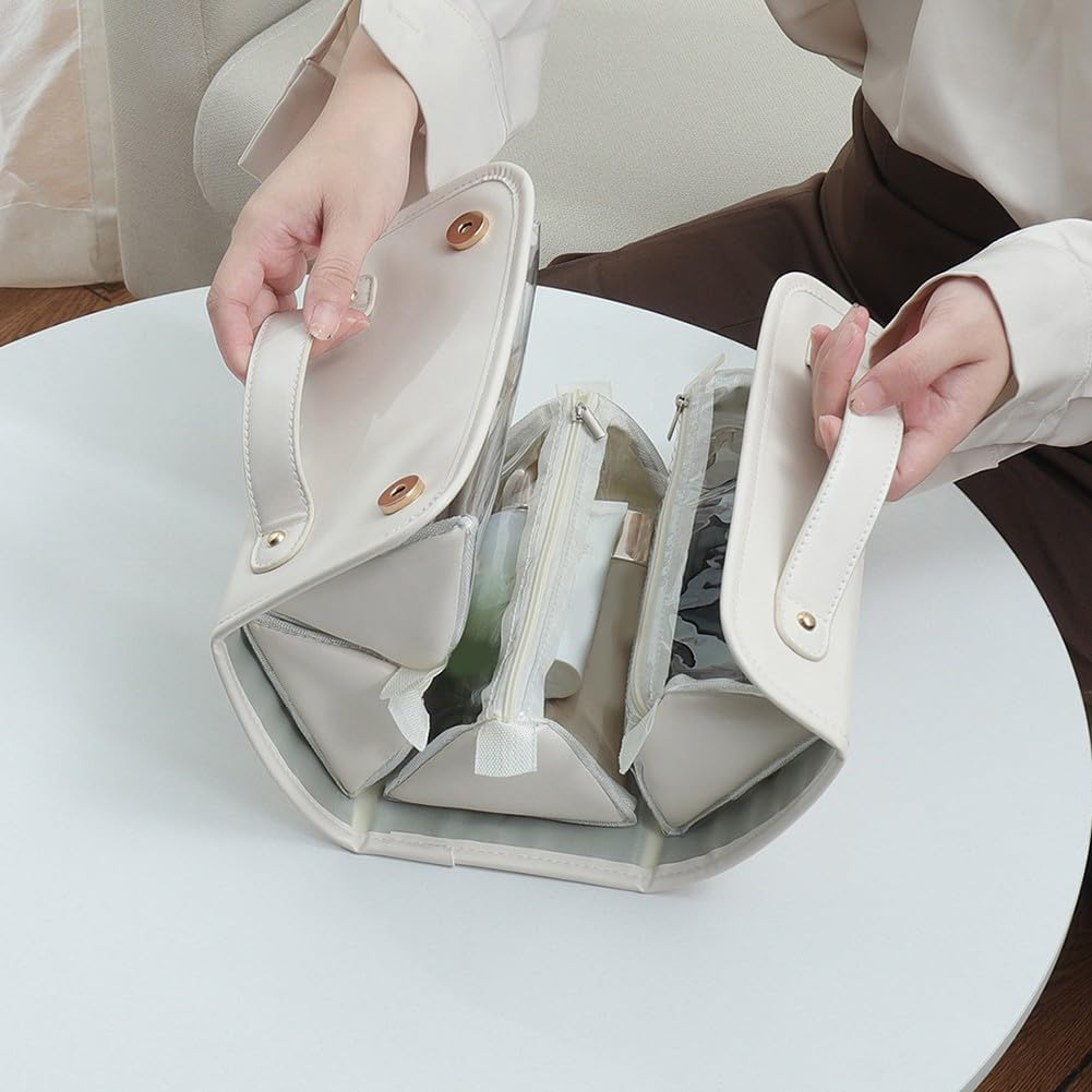 Waterproof Cosmetics Storage Bag with Hanging Feature, Foldable Makeup Organizer for Women, Large Capacity for Travel Use (Brown) image number 5