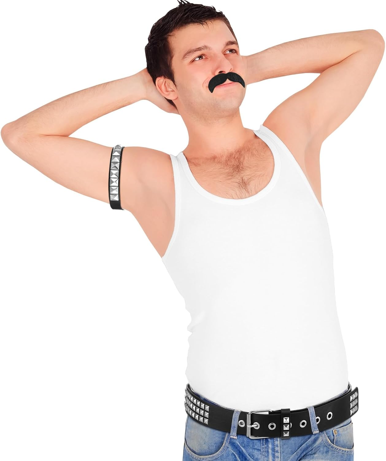Rock Band Costumes Accessories Halloween Rocker Costume Studded Belt and Armband Self Adhesive Mustache 70S 80S 90S Metal Punk Rock Party Cosplay Gothic Rocker Accessory for Women Men, Black image number 4