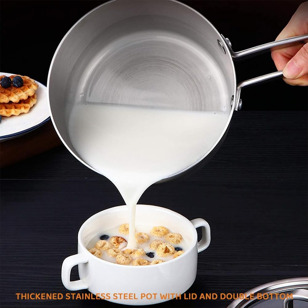 2.5L Stainless Steel Saucepan with Glass Lid and Dual Spouts, Multipurpose Sauce Pot with Stay-Cool Handle, for Boiling, Gravies, Pasta, and Noodles