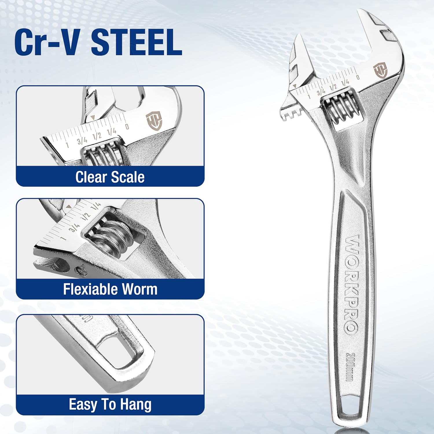 WORKPRO Adjustable Wrench, 8-Inch Heavy Duty Spanner with Inch/Metric Scale, Premium Cr-V Steel, Chrome Plated image number 2