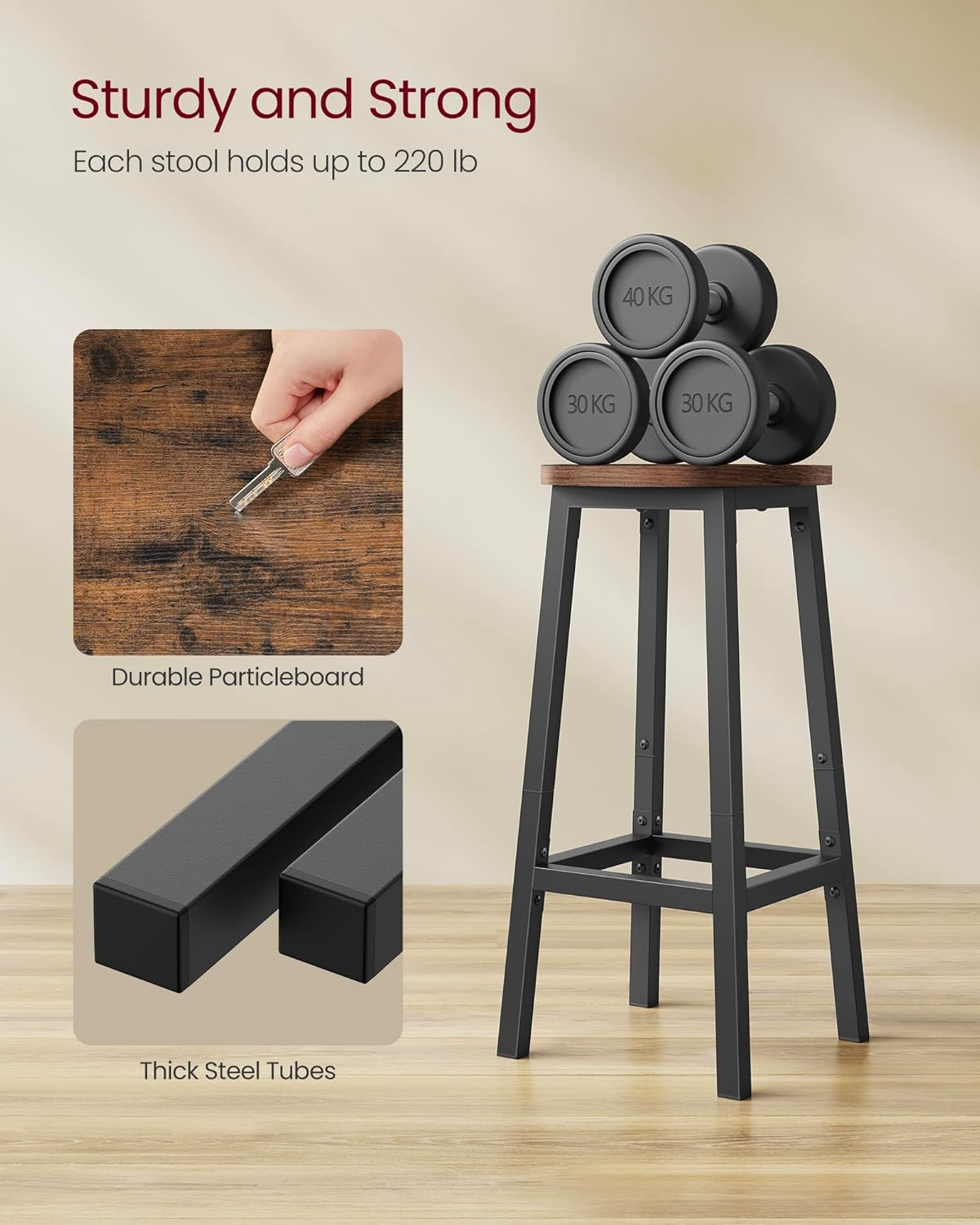 VASAGLE Bar Stools, Set of 2 Bar Chairs, Steel Frame, 25.2 Inch Tall, for Kitchen Dining, Easy Assembly, Industrial Design, Rustic Brown and Black ULBC32X - Greige+Black image number 2