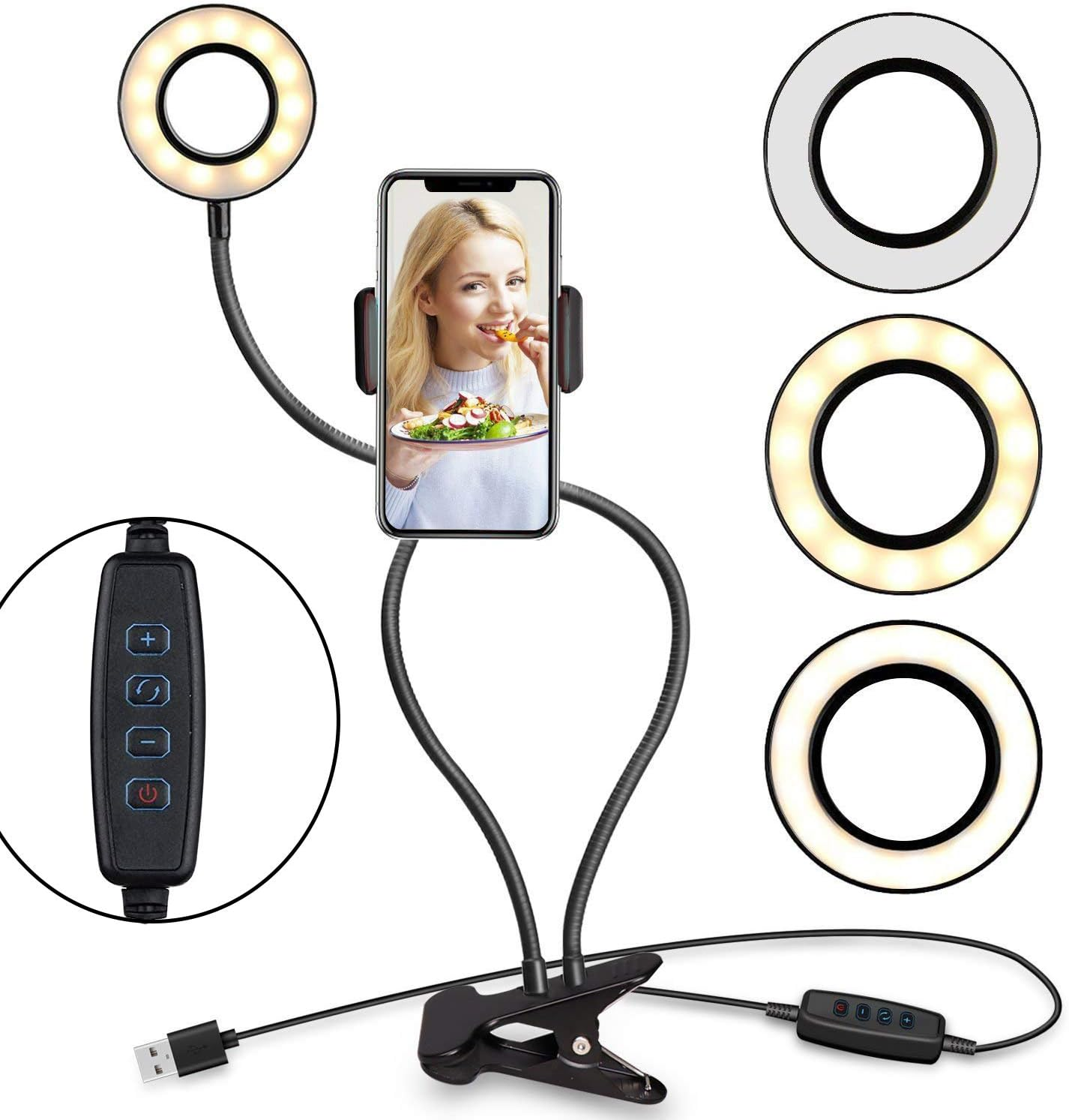 Selfie Ring Light with Gooseneck Stand & Phone Holder, 3 Color 10-Level Dimmable LED Desk Lamp with Clamp, Clip-On Lights with Flexible Arm for Selfie, Web Conference, Live-Streaming, Reading and More