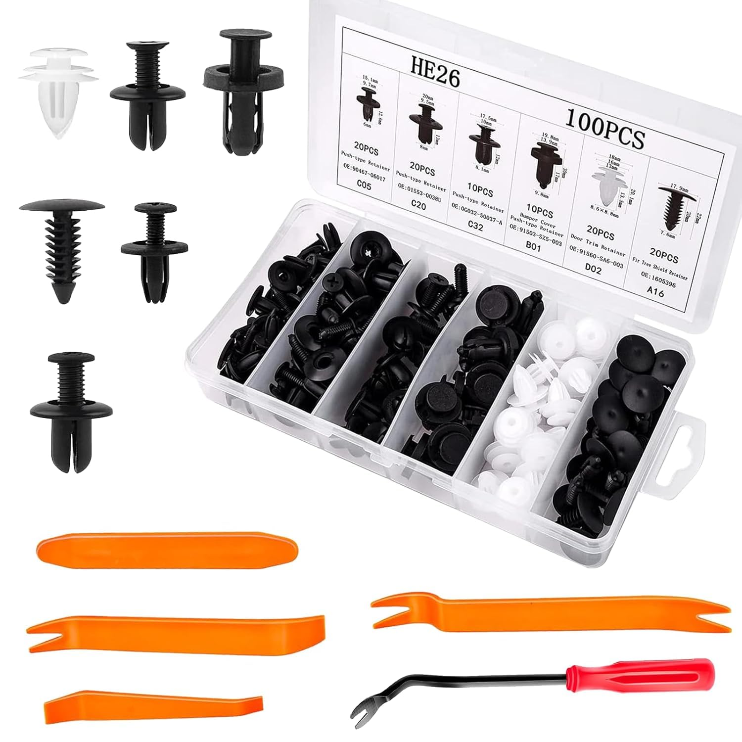 100-Piece G-Eneral M-Otors Clip Fixing Set, Including Disassembly Tools for Clip Repair, Black and White Plastic Rivets, Suitable for Most Vehicle Models image number 5