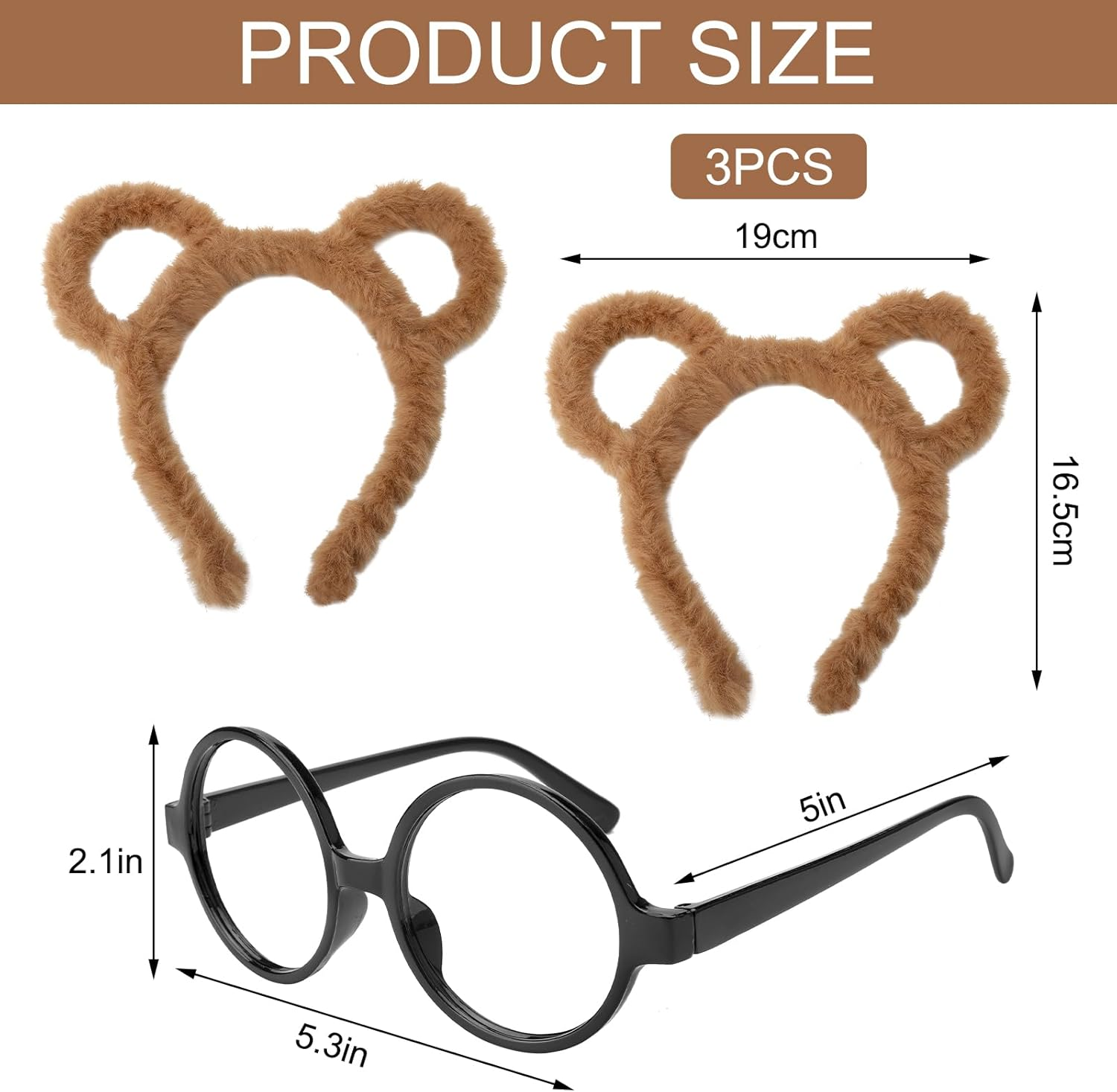 DAWRIS 4Pcs Chipmunks Set, 3 Pcs Chipmunk Headbands and Glasses Bear Ear Headbands Cute Cartoon Ear Headbands Brown Ears Headband Halloween Birthday Party Cosplay Costume Accessories