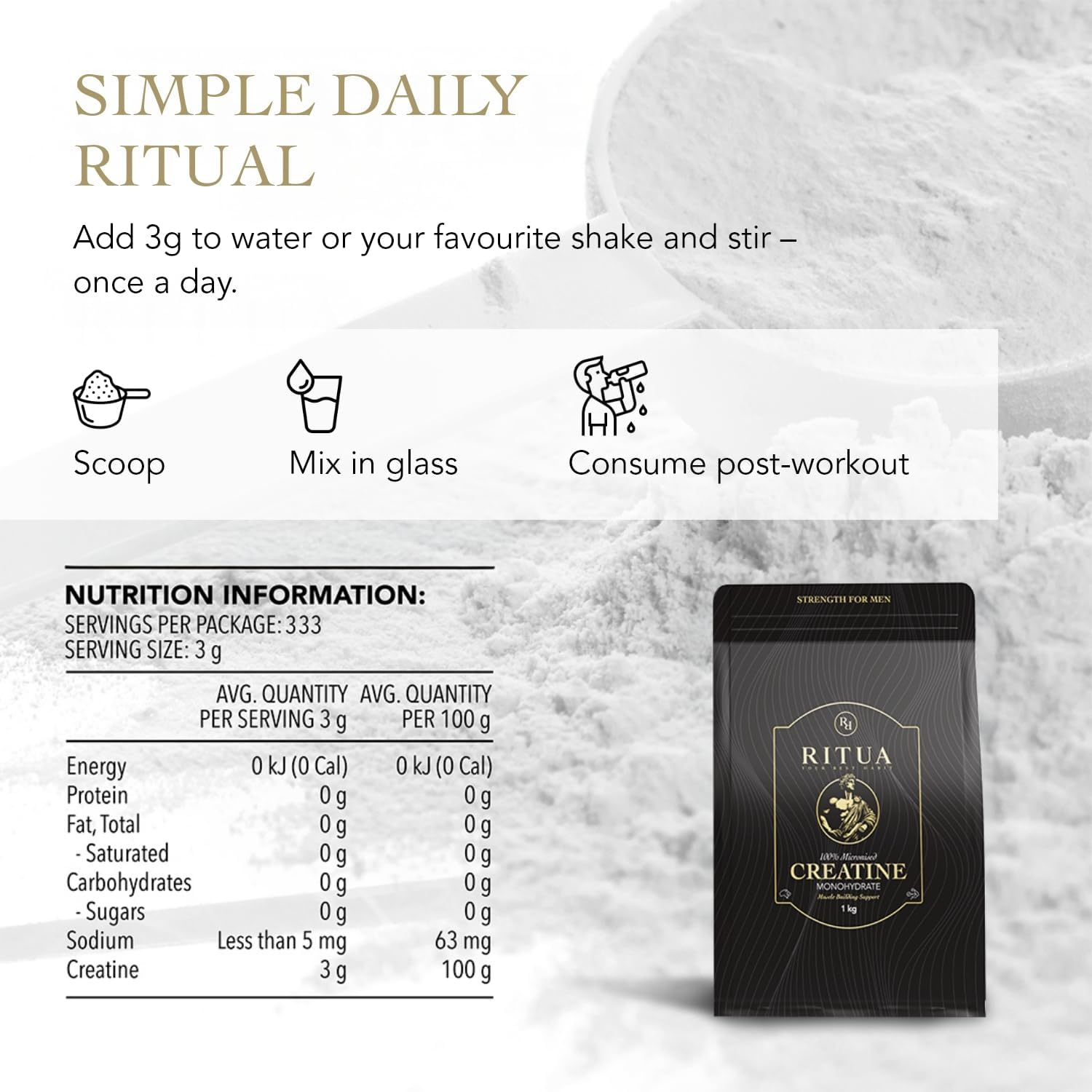 Creatine Monohydrate for Men, 100% Micronised, Unflavoured, Easy-Mixing Powder, 1 Kg image number 3