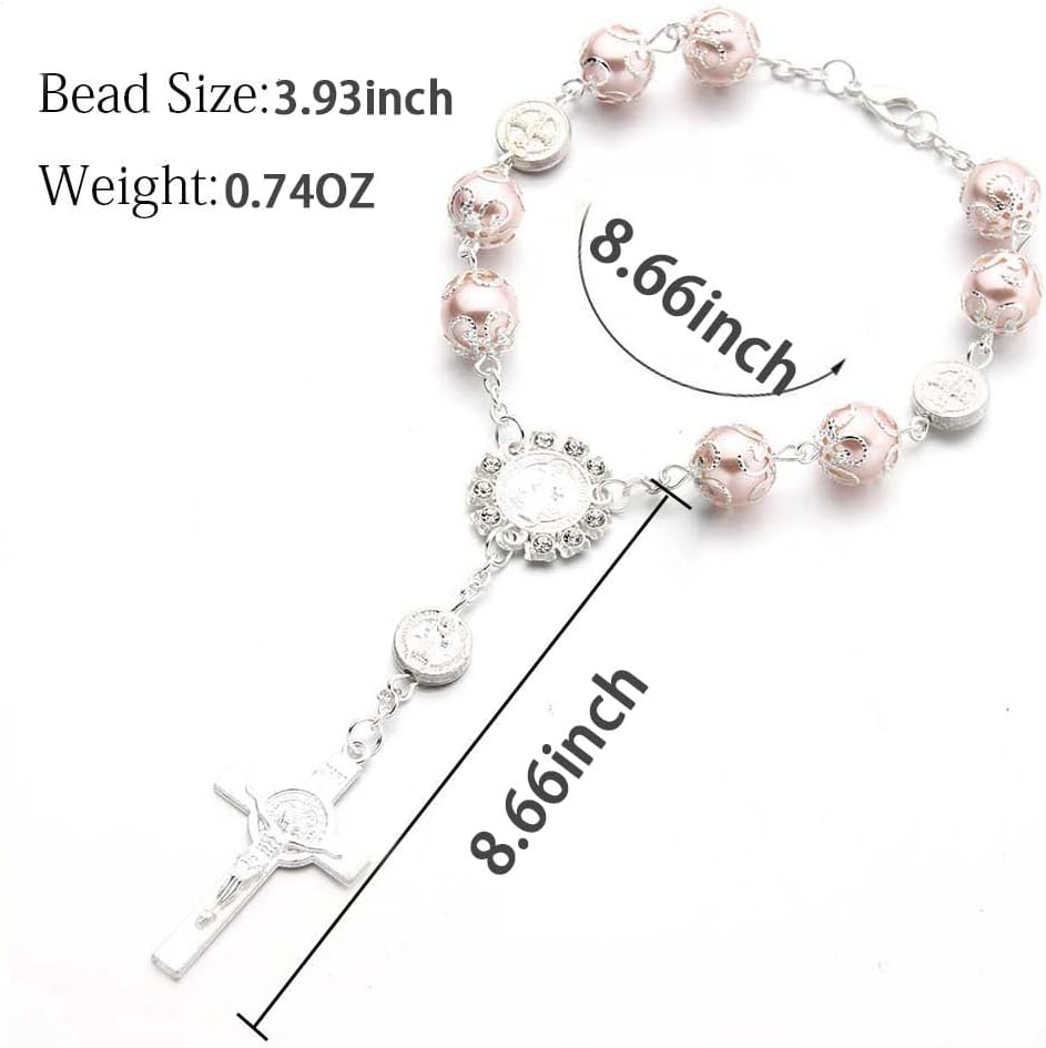 2-Piece Car Rosary & Cross Pendant Car Accessories, Rearview Mirror Hanging Ornament (White)