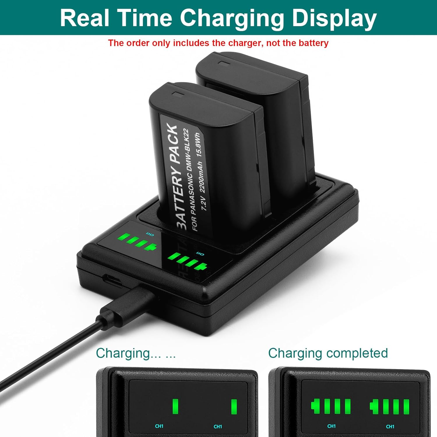 Marveleese Compatible with Panasonic DMW BLK22 E Battery Charger USB Dual LCD (Input USB-C or Micro USB) image number 1