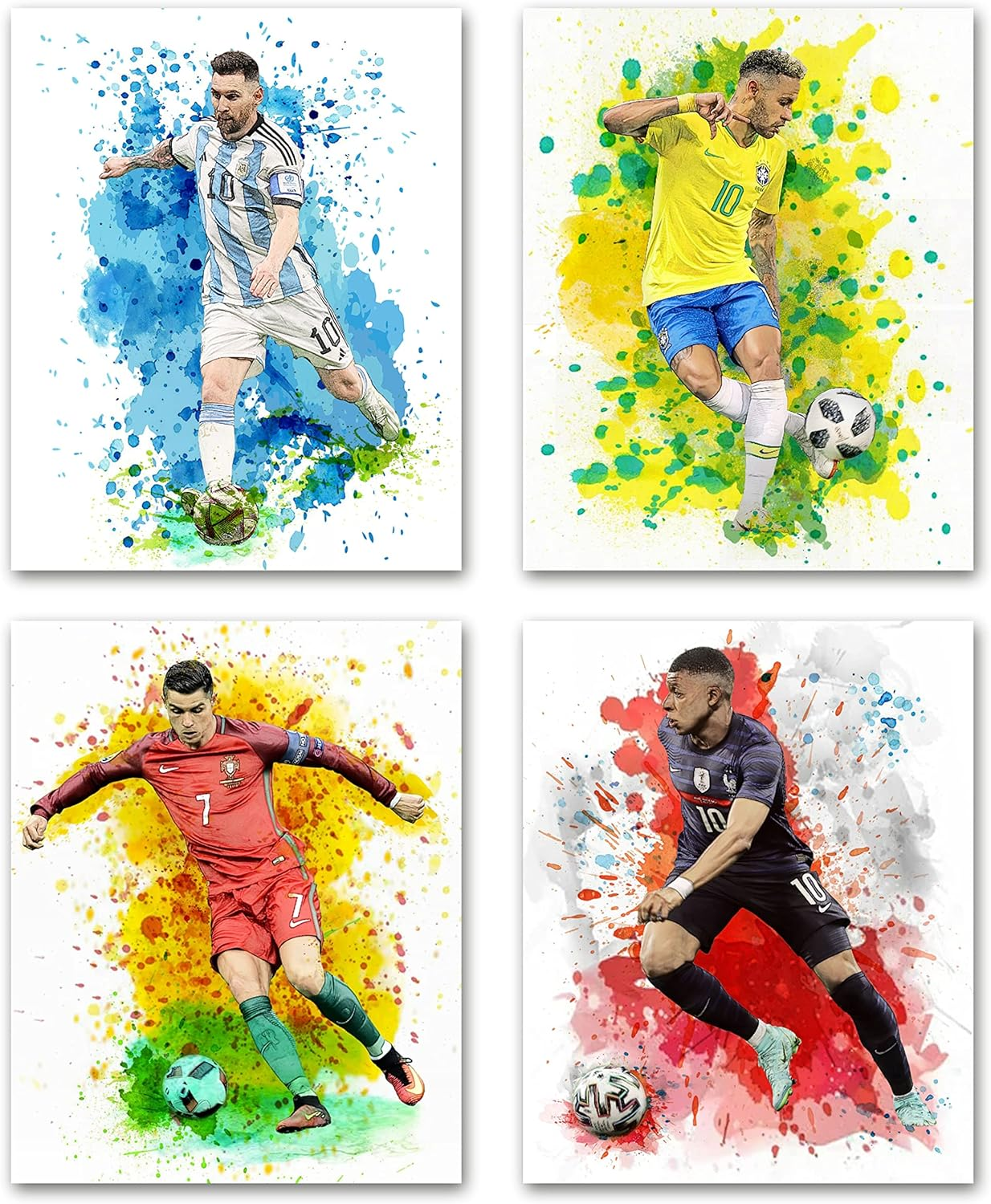 ACFELT Watercolor Soccer Superstar Canvas Posters, Cristiano Ronaldo, Lionel Messi, Neymar and Mbappe, Wall Art Prints, Set of 4 (12X15 Inches Unframed) for Office, Living Room, Bedroom, Home Decor